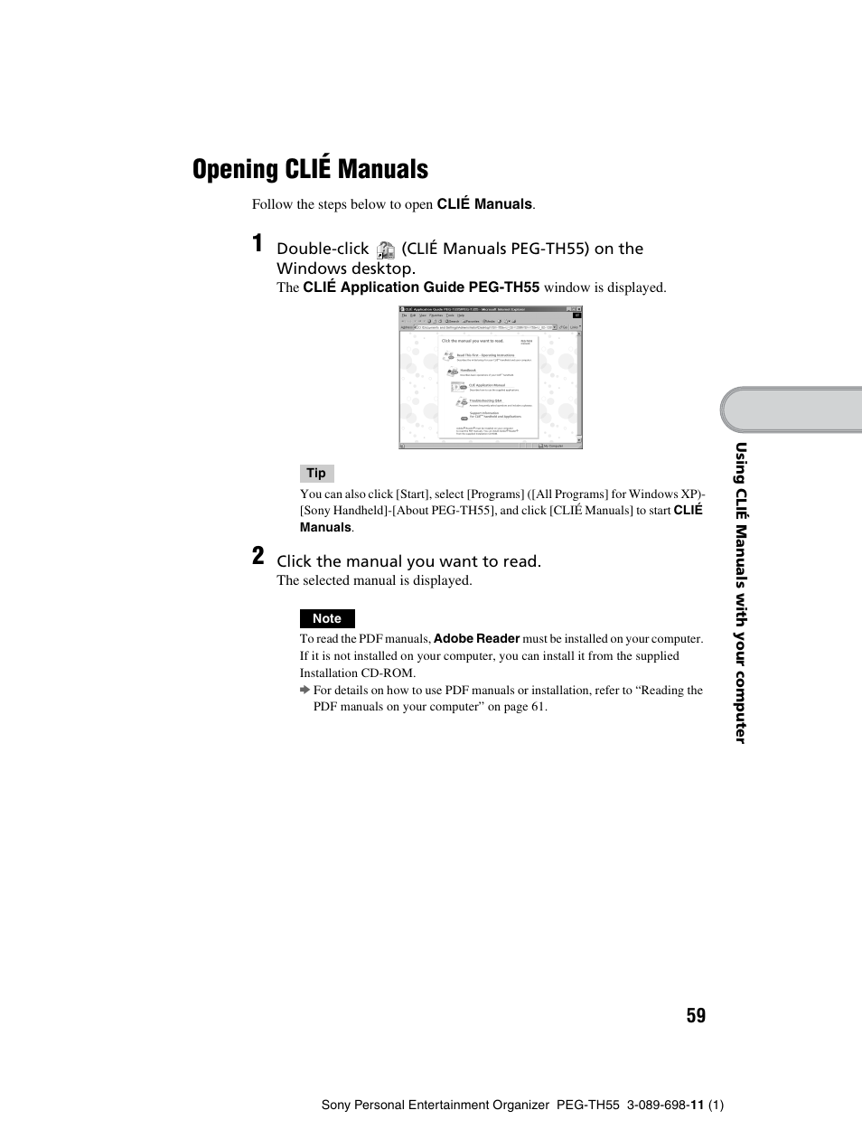 Opening clié manuals | Sony PEG-TH55 User Manual | Page 59 / 104