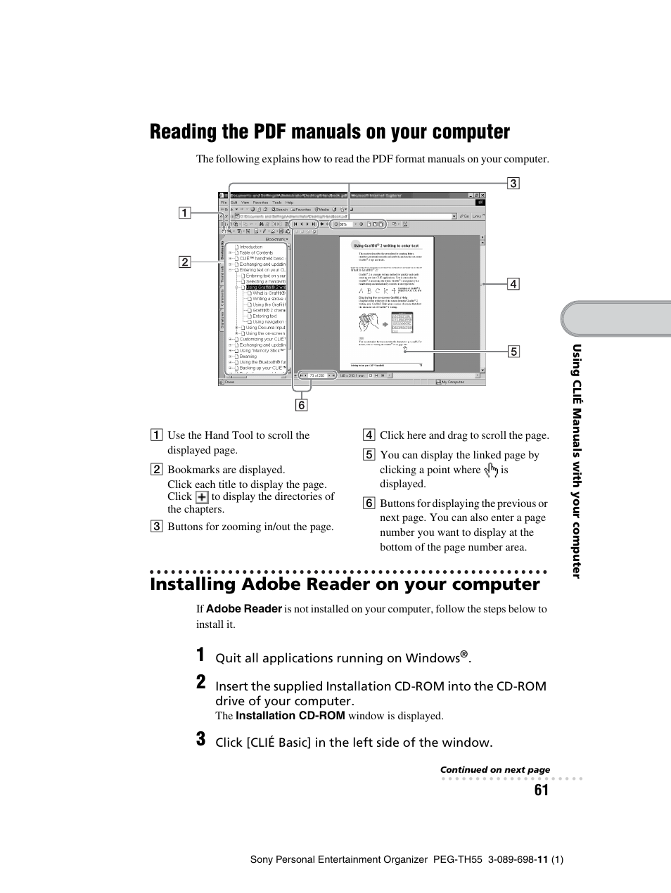 Reading the pdf manuals on your computer, Installing adobe reader on your computer, Reading the pdf manuals on | Your computer | Sony PEG-TH55 User Manual | Page 61 / 104