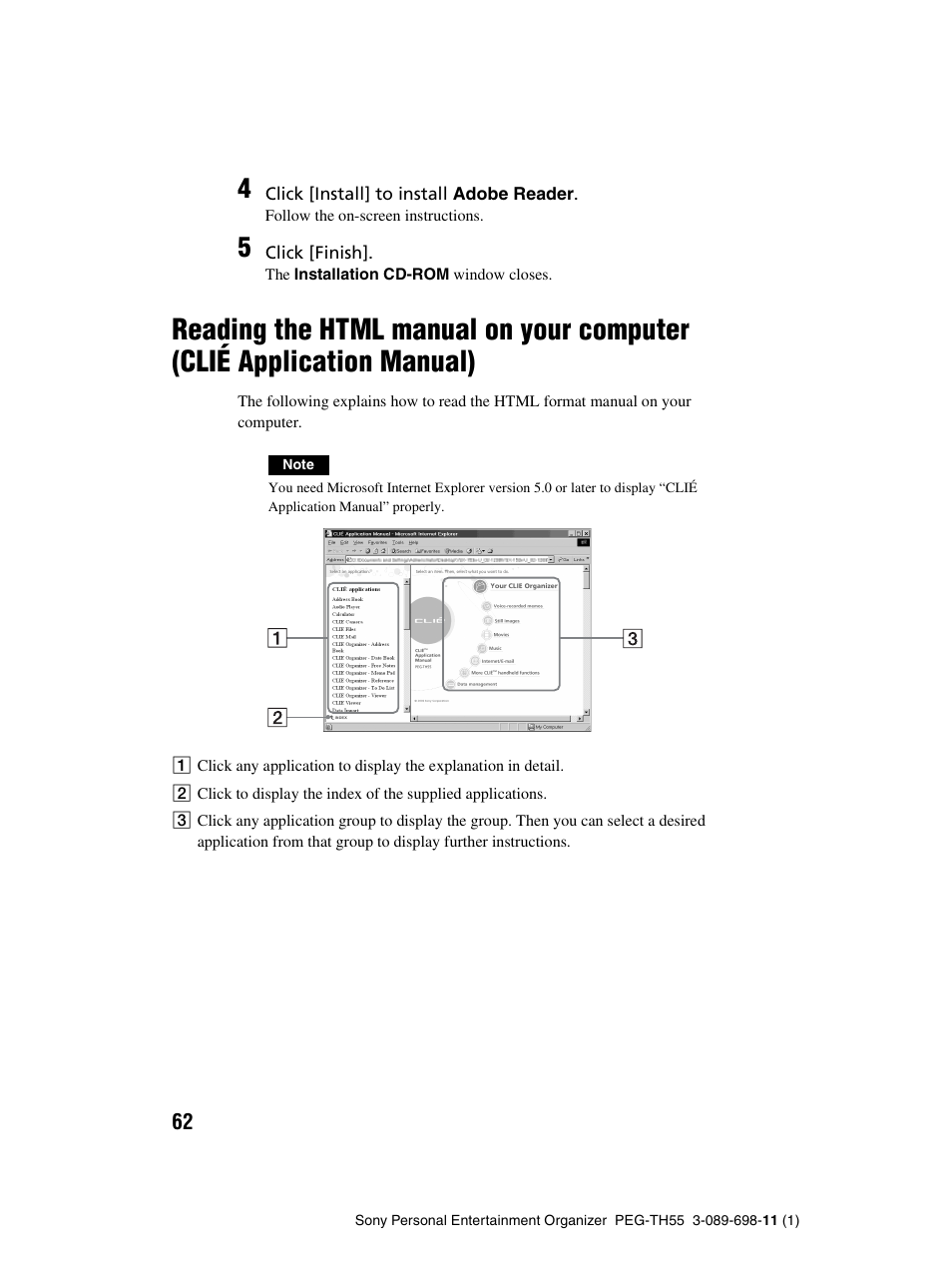 Reading the html manual on your computer, Clié application manual) | Sony PEG-TH55 User Manual | Page 62 / 104