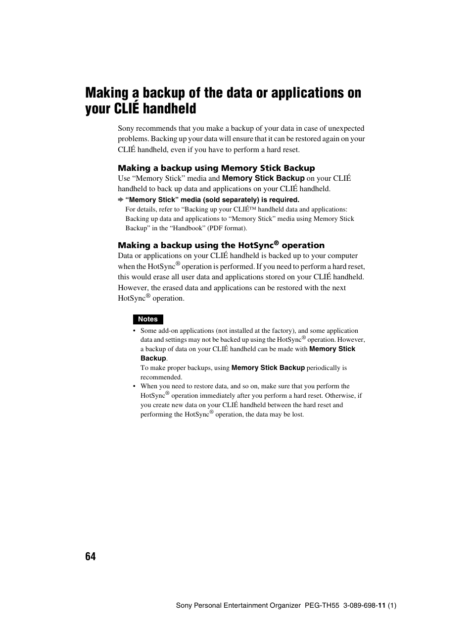 Making a backup of the data or applications on, Your clié handheld | Sony PEG-TH55 User Manual | Page 64 / 104