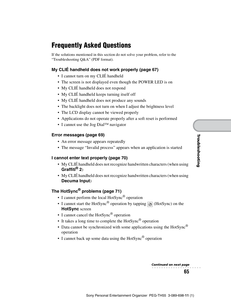 Frequently asked questions | Sony PEG-TH55 User Manual | Page 65 / 104