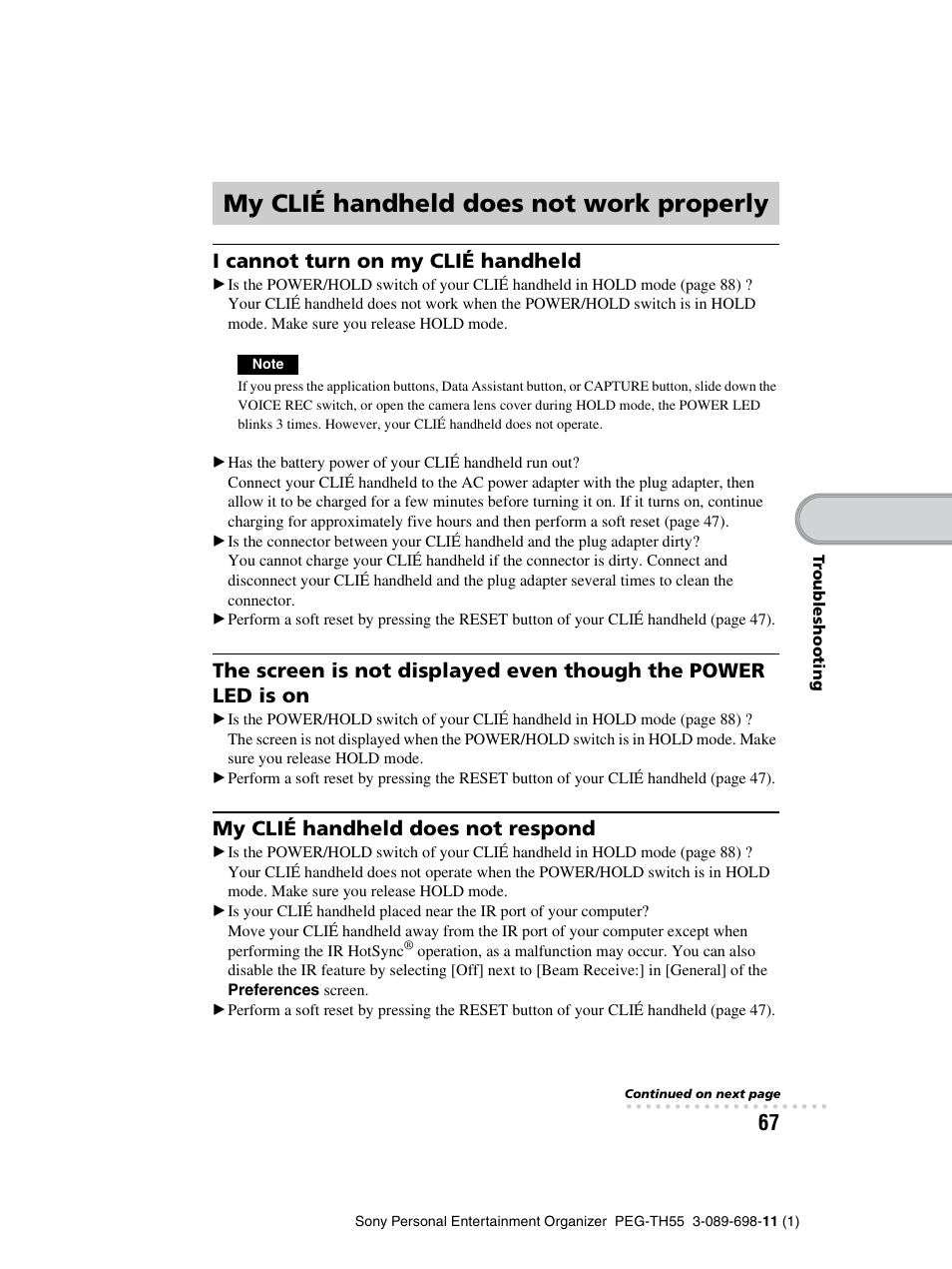 My clié handheld does not work properly, I cannot turn on my clié handheld, My clié handheld does not respond | Sony PEG-TH55 User Manual | Page 67 / 104