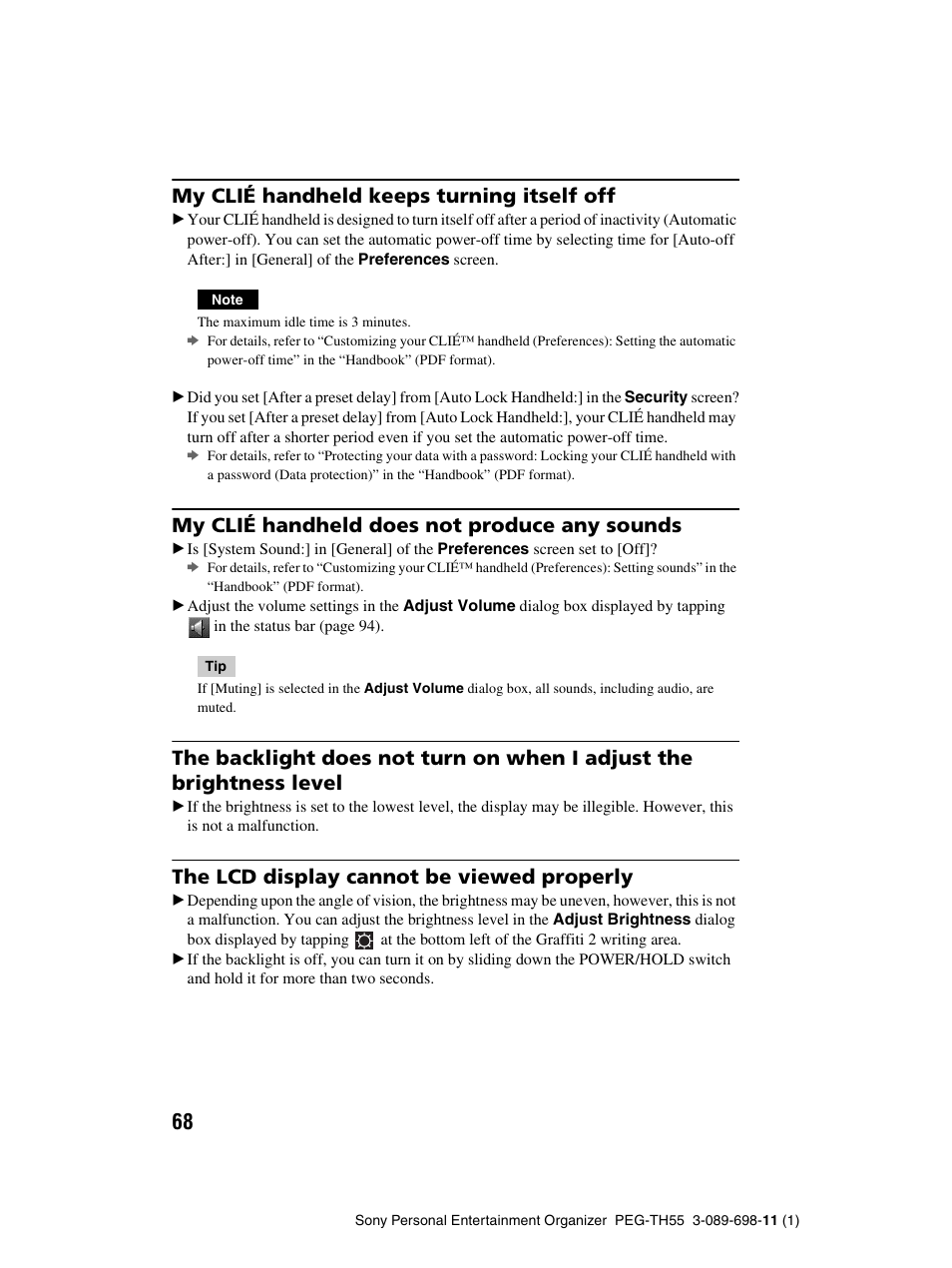 My clié handheld keeps turning itself off, My clié handheld does not produce any sounds, The lcd display cannot be viewed properly | Sony PEG-TH55 User Manual | Page 68 / 104