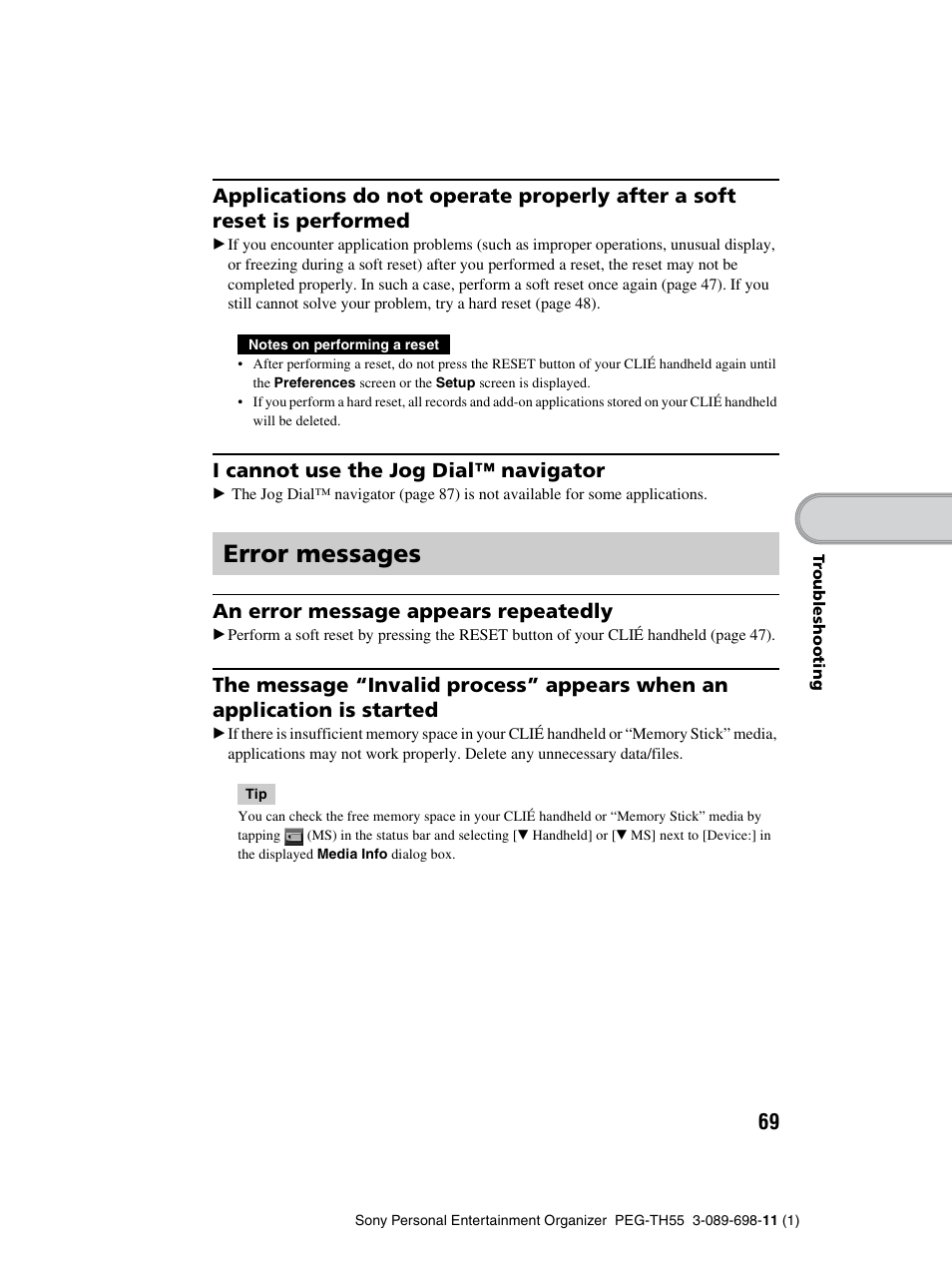 Error messages, I cannot use the jog dial™ navigator, An error message appears repeatedly | Sony PEG-TH55 User Manual | Page 69 / 104