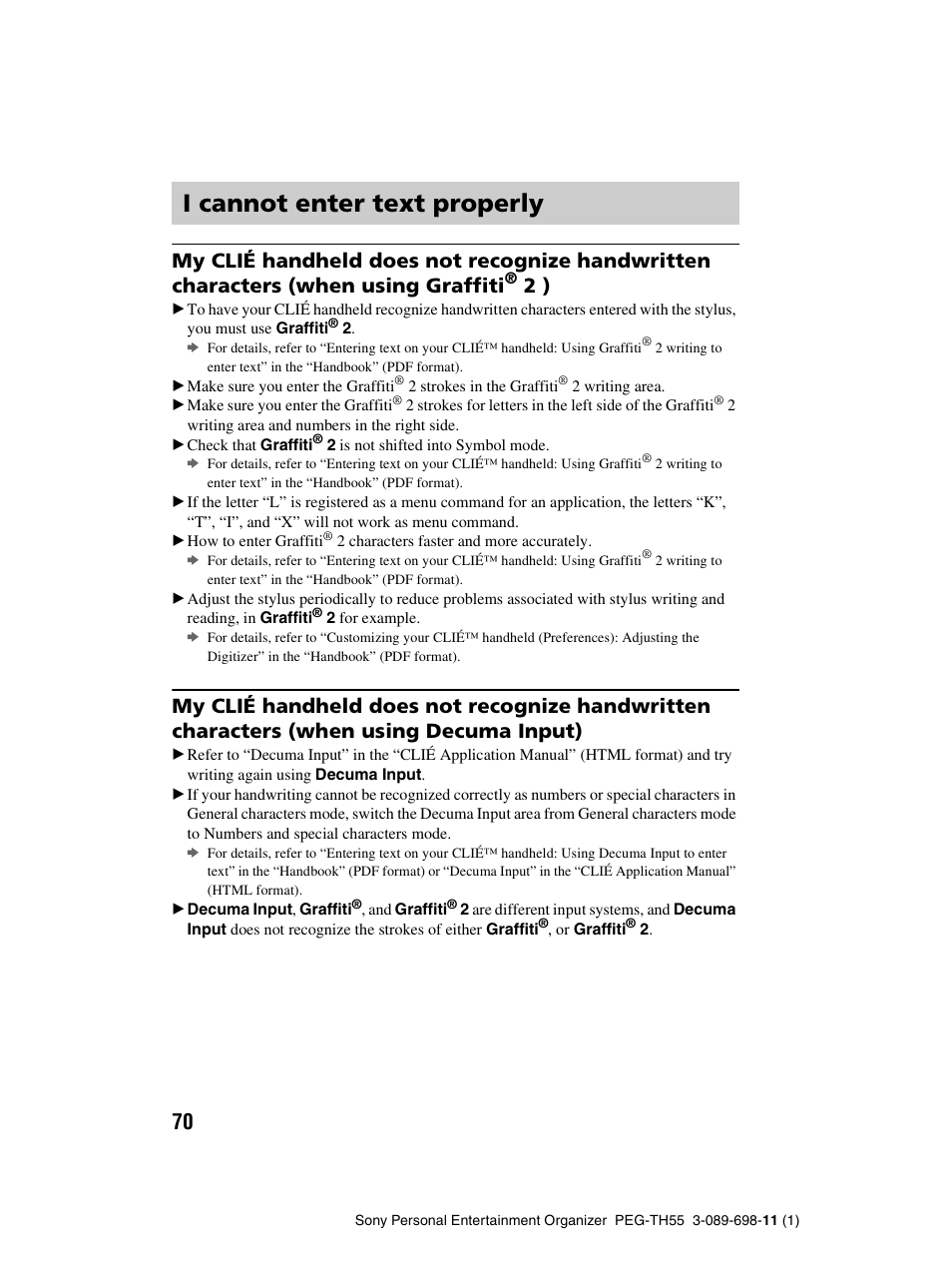 I cannot enter text properly | Sony PEG-TH55 User Manual | Page 70 / 104