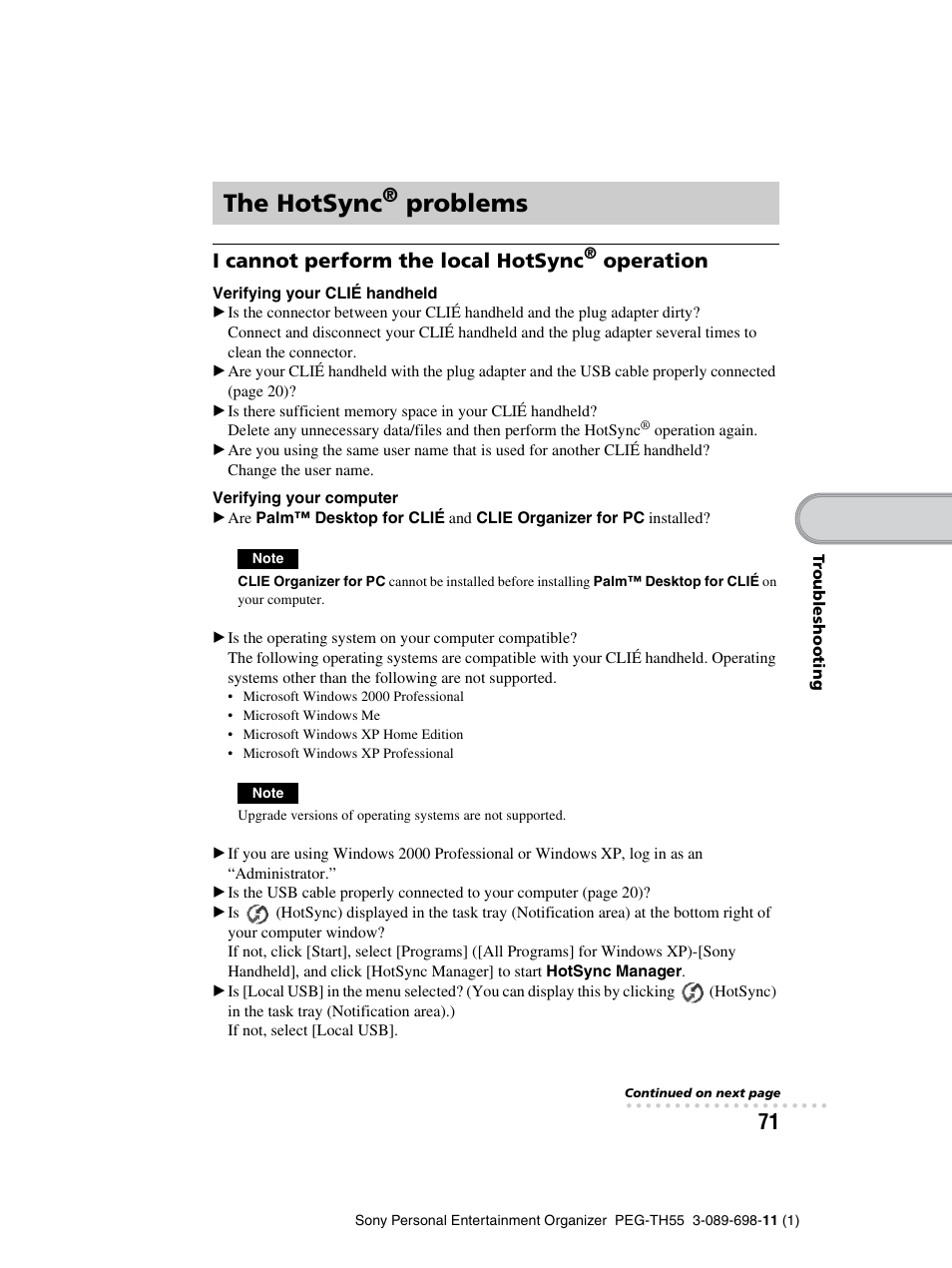 The hotsync® problems, The hotsync, Problems | I cannot perform the local hotsync, Operation | Sony PEG-TH55 User Manual | Page 71 / 104