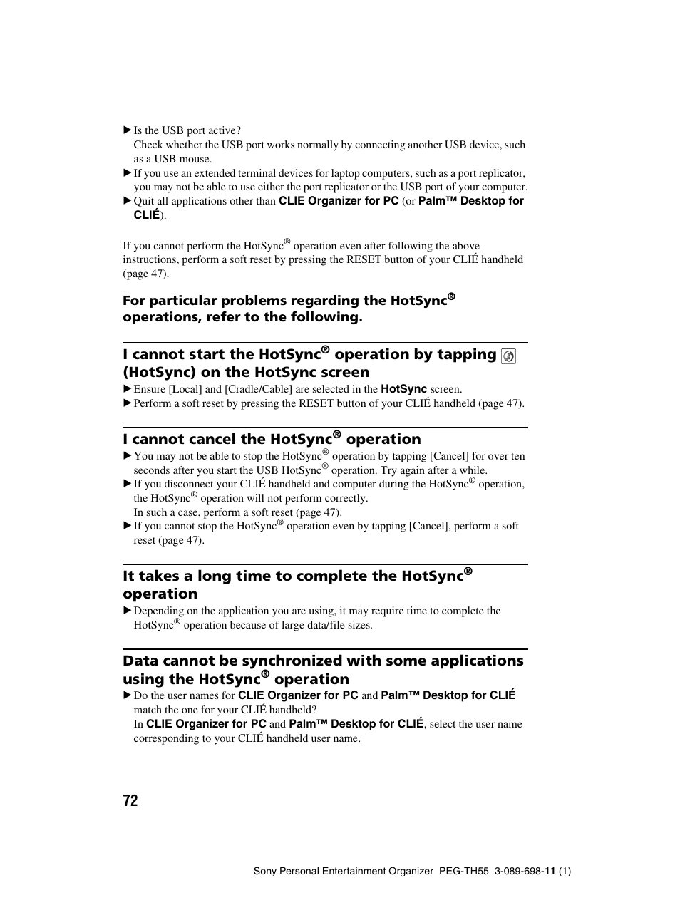 I cannot start the hotsync, I cannot cancel the hotsync, Operation | It takes a long time to complete the hotsync | Sony PEG-TH55 User Manual | Page 72 / 104