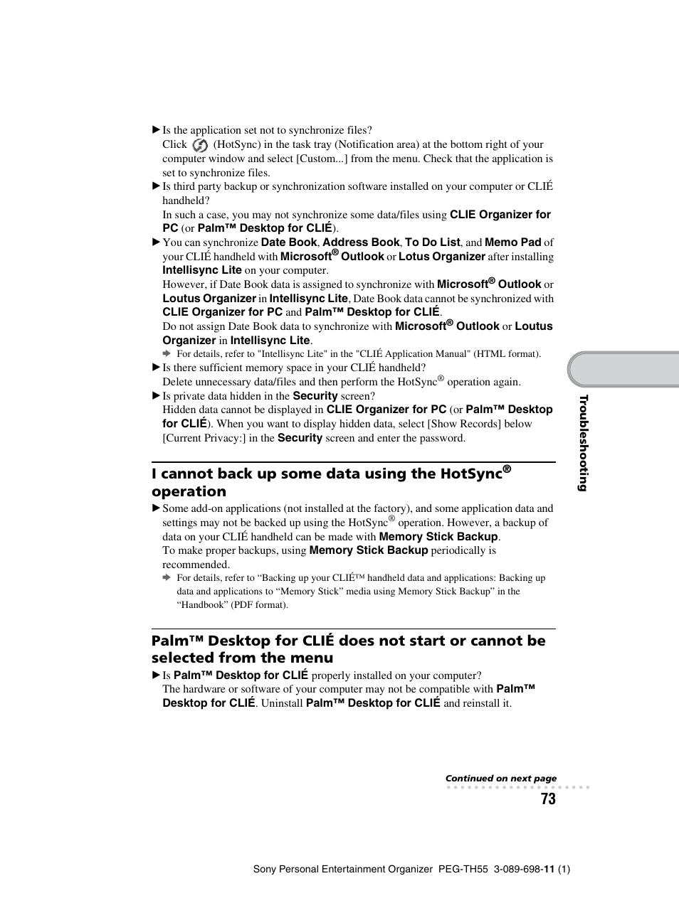 I cannot back up some data using the hotsync, Operation | Sony PEG-TH55 User Manual | Page 73 / 104