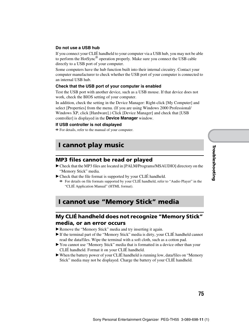 I cannot play music, I cannot use “memory stick” media | Sony PEG-TH55 User Manual | Page 75 / 104