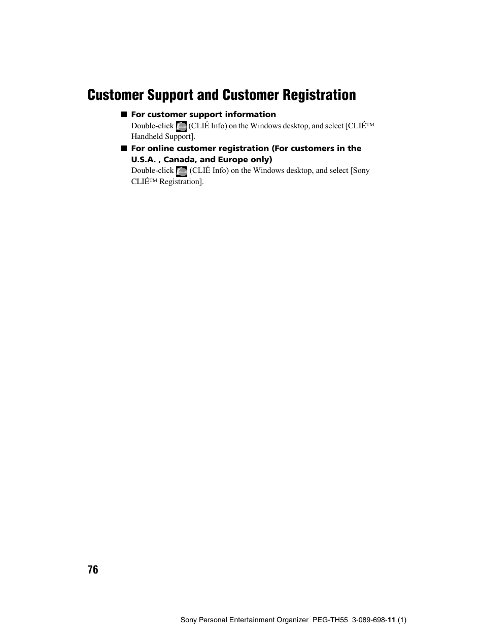 Customer support and customer registration, Customer support and, Customer registration | Sony PEG-TH55 User Manual | Page 76 / 104