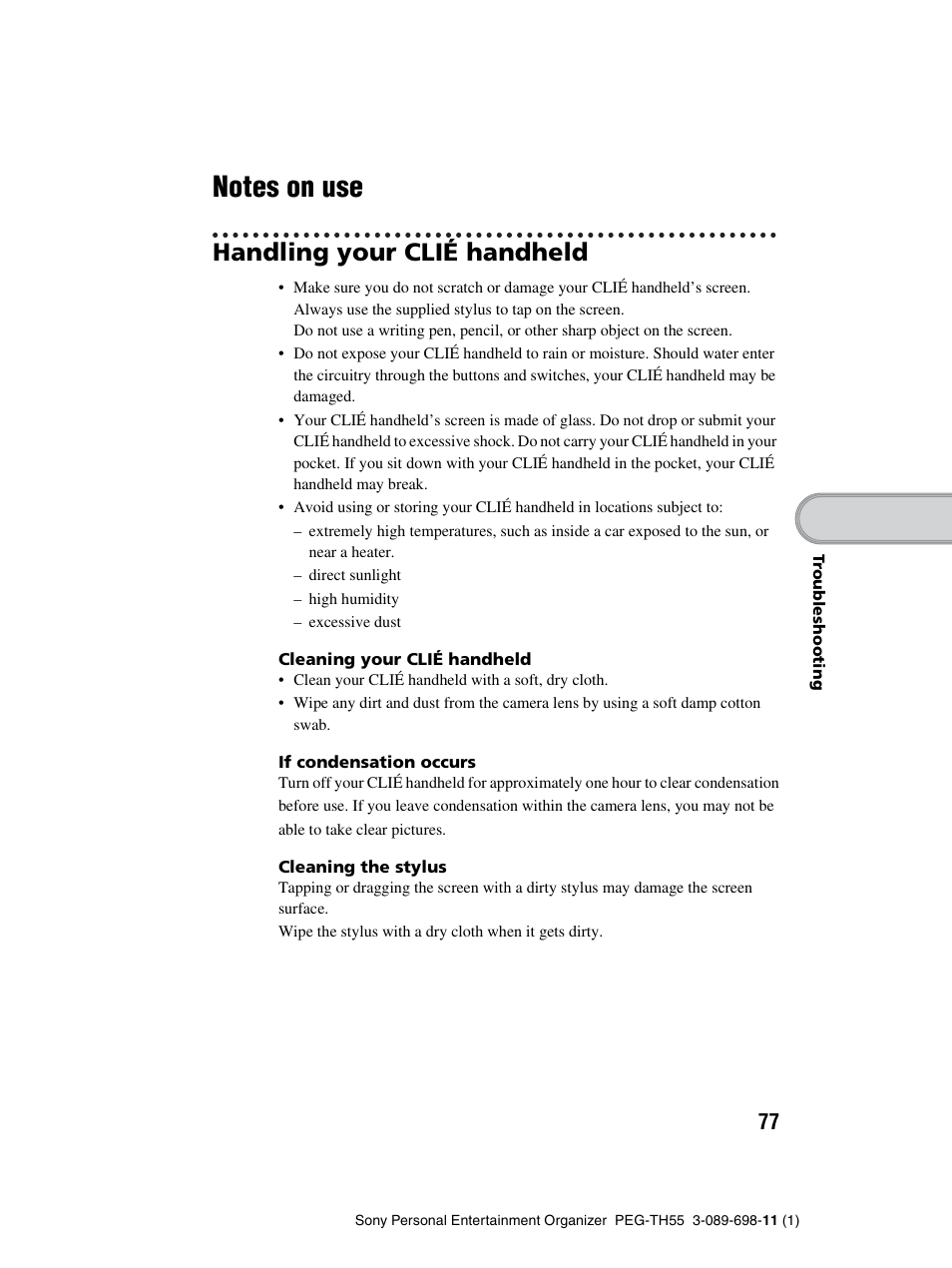 Notes on use, Handling your clié handheld | Sony PEG-TH55 User Manual | Page 77 / 104