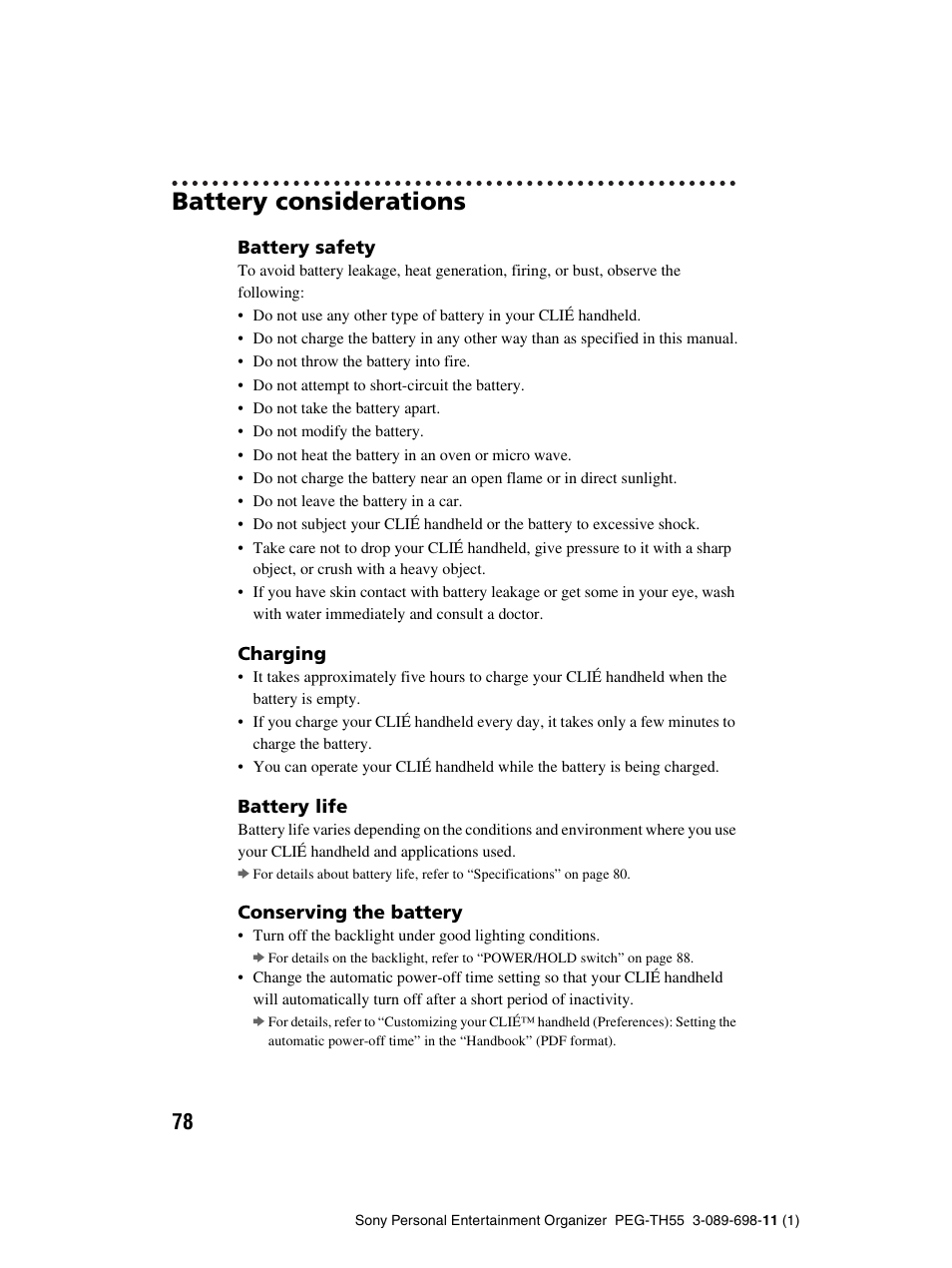 Battery considerations | Sony PEG-TH55 User Manual | Page 78 / 104