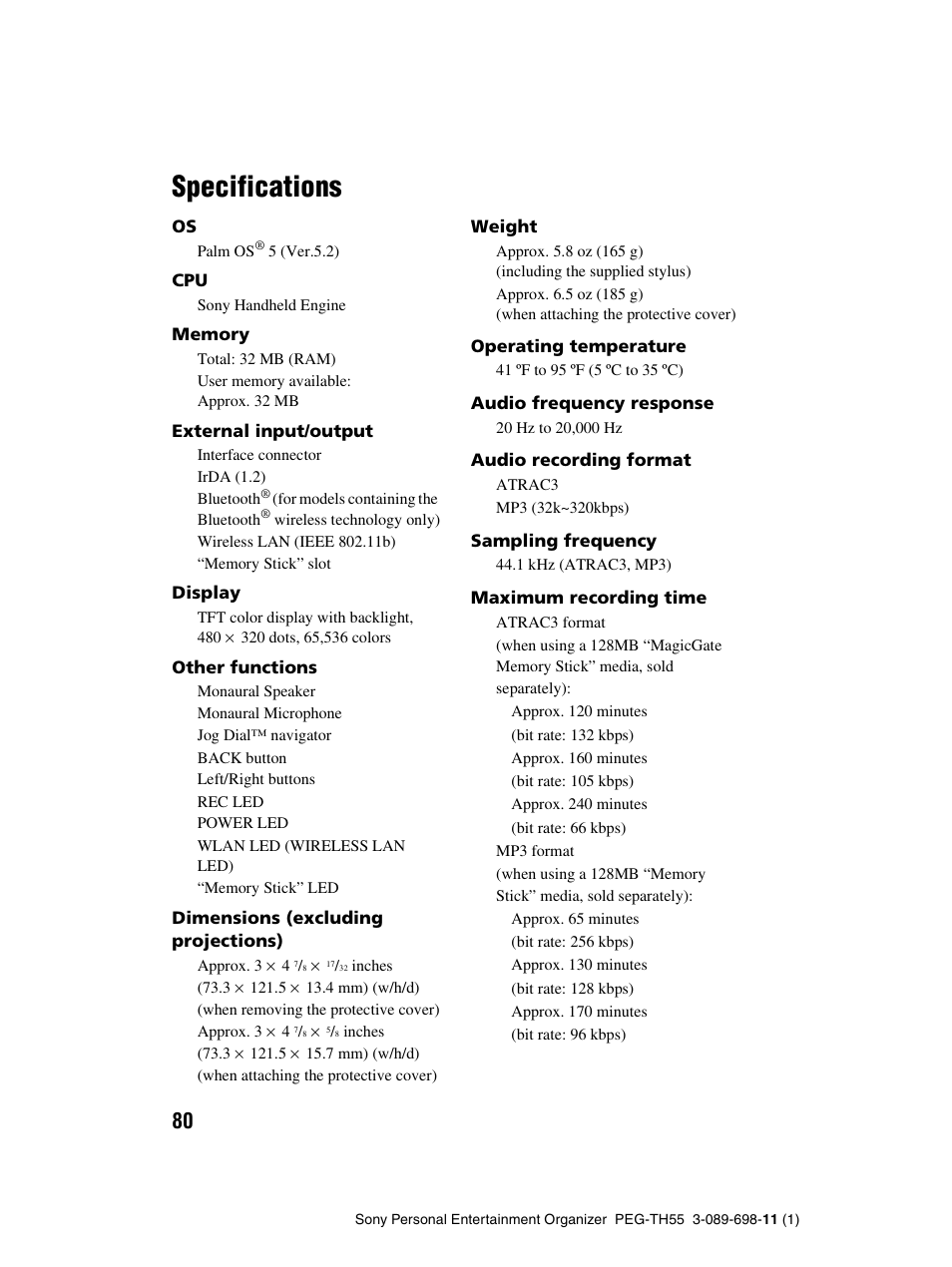 Specifications | Sony PEG-TH55 User Manual | Page 80 / 104