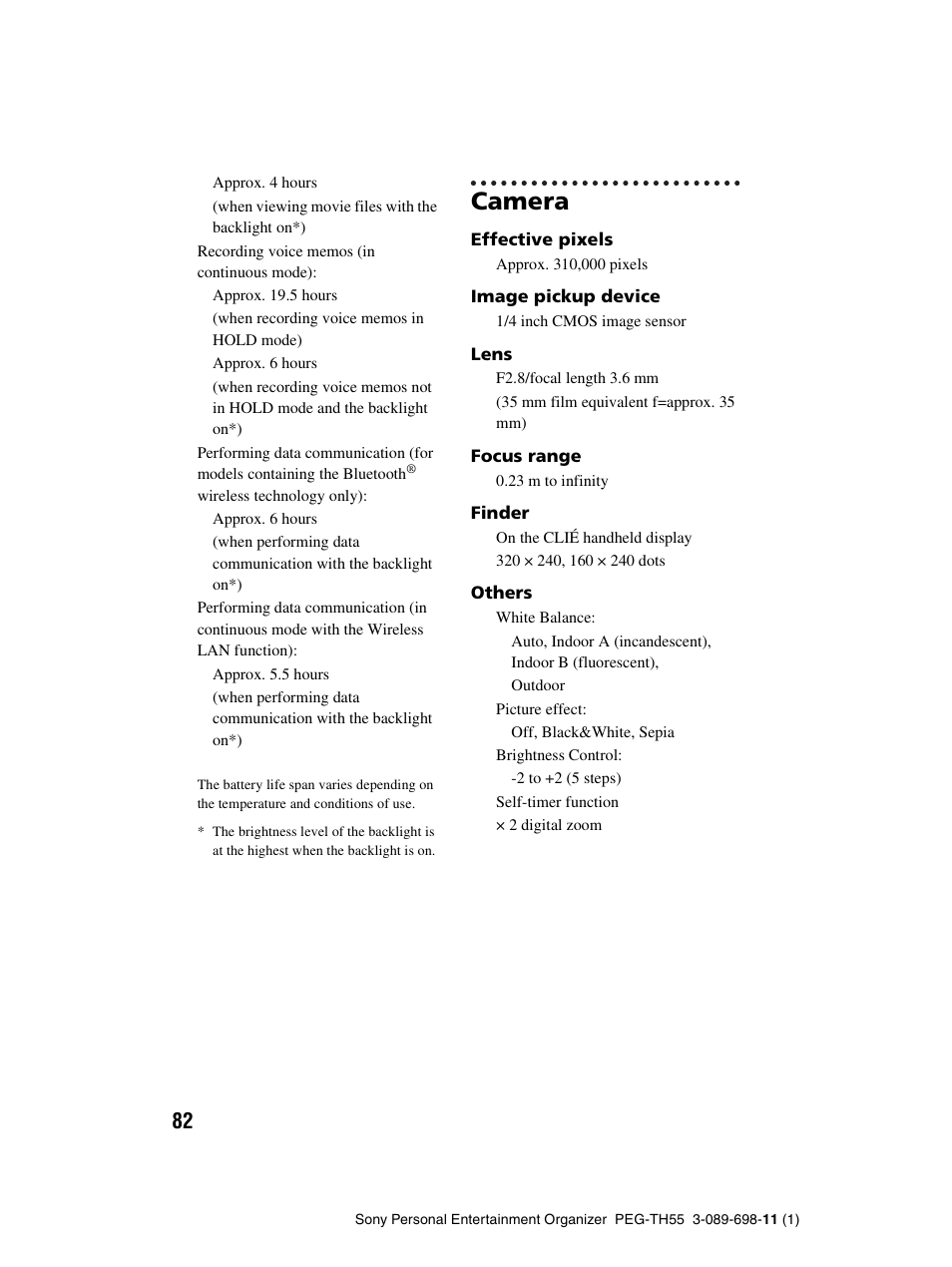 Camera | Sony PEG-TH55 User Manual | Page 82 / 104