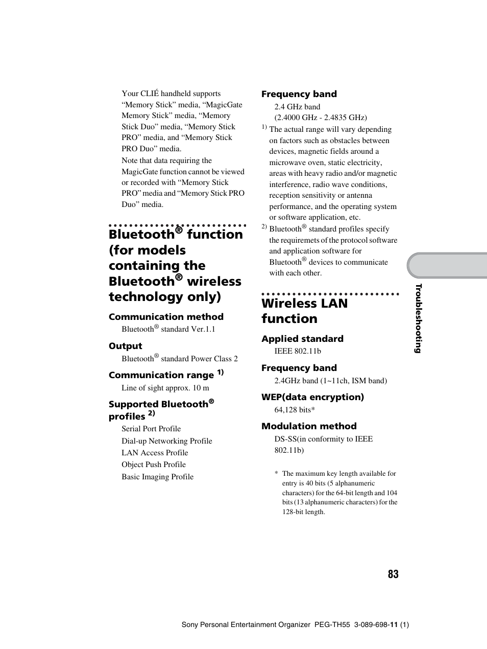 Wireless lan function, Bluetooth, Function (for models containing the bluetooth | Wireless technology only) | Sony PEG-TH55 User Manual | Page 83 / 104