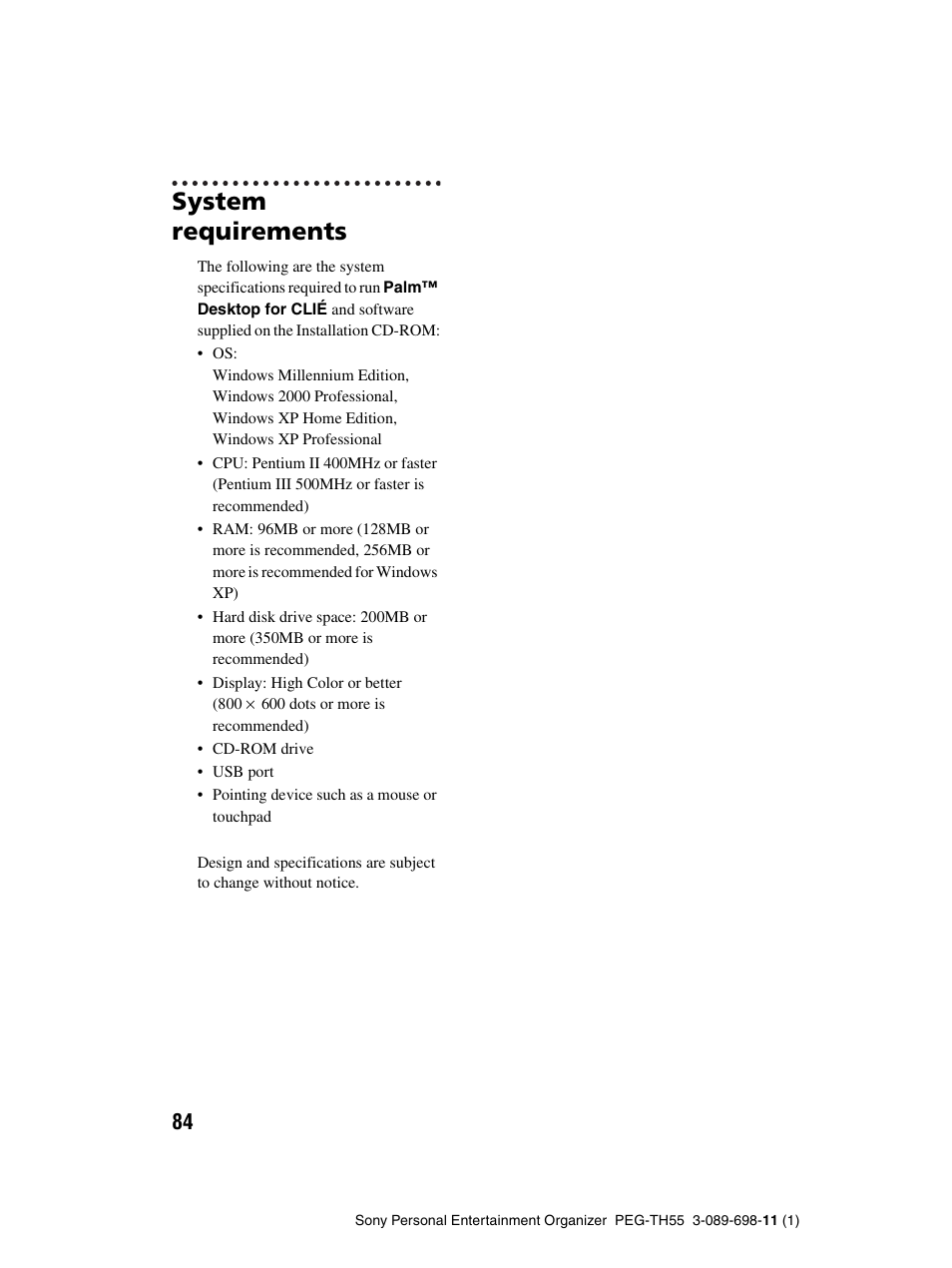 System requirements | Sony PEG-TH55 User Manual | Page 84 / 104