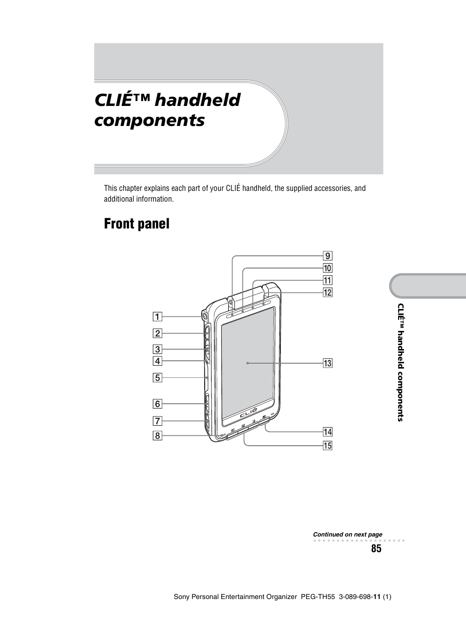 Clié™ handheld components, Front panel | Sony PEG-TH55 User Manual | Page 85 / 104