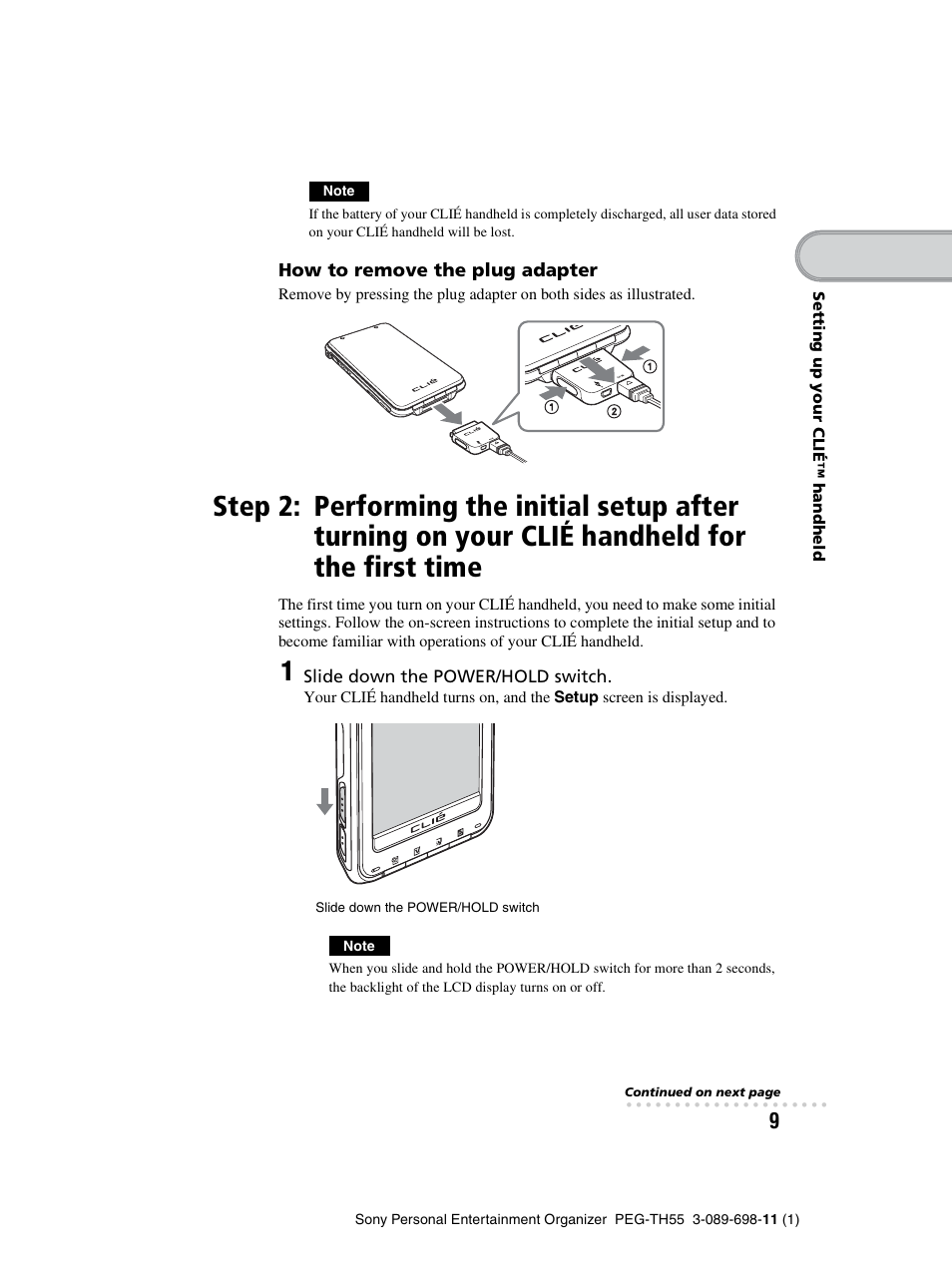 Step 2: performing the initial setup after, Turning on your clié handheld for the first time | Sony PEG-TH55 User Manual | Page 9 / 104