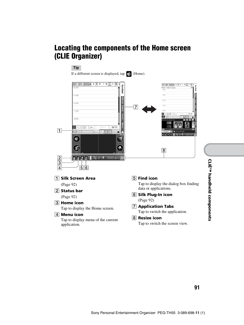 Locating the components of the home screen, Clie organizer) | Sony PEG-TH55 User Manual | Page 91 / 104
