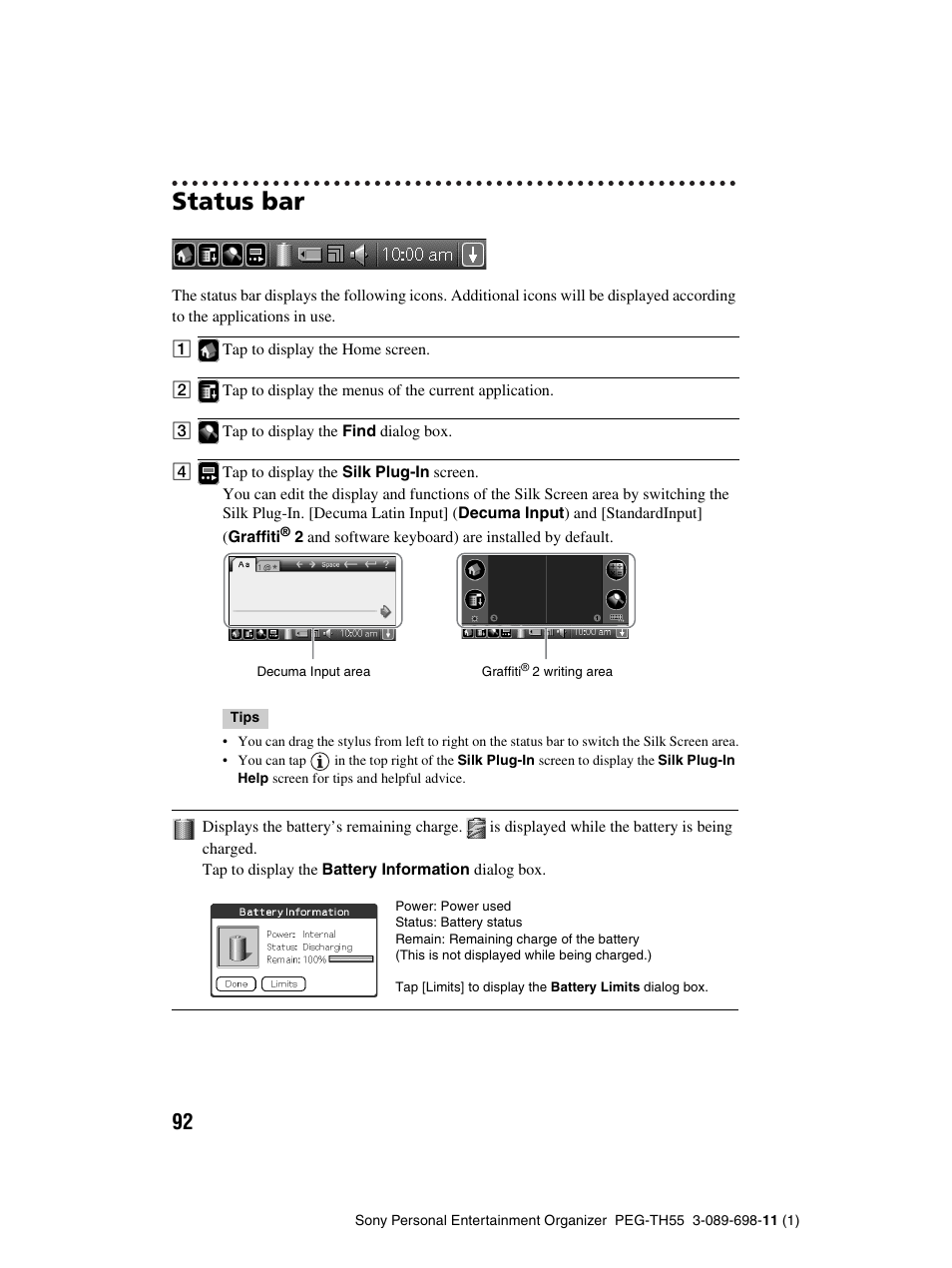 Status bar | Sony PEG-TH55 User Manual | Page 92 / 104