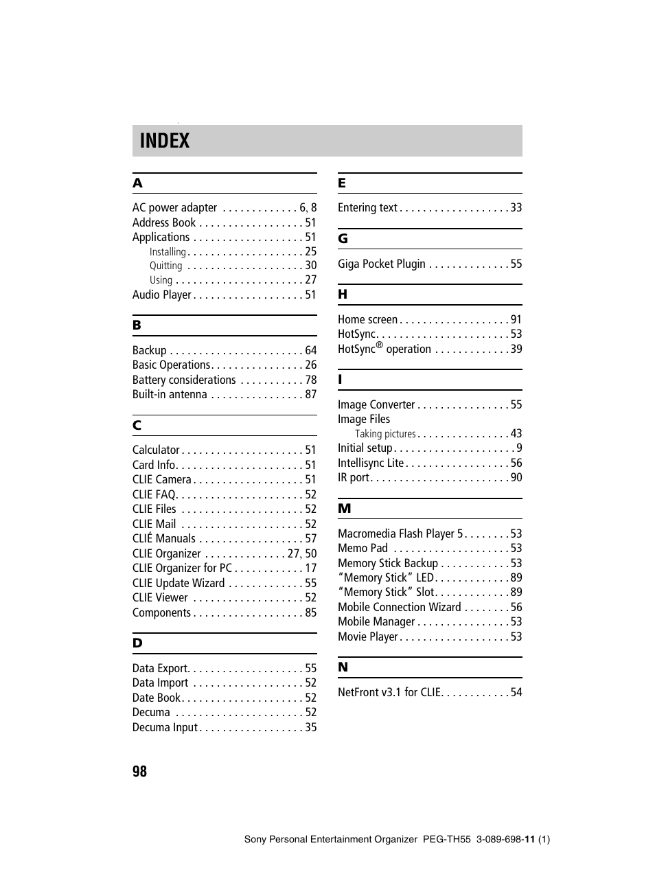 Index | Sony PEG-TH55 User Manual | Page 98 / 104