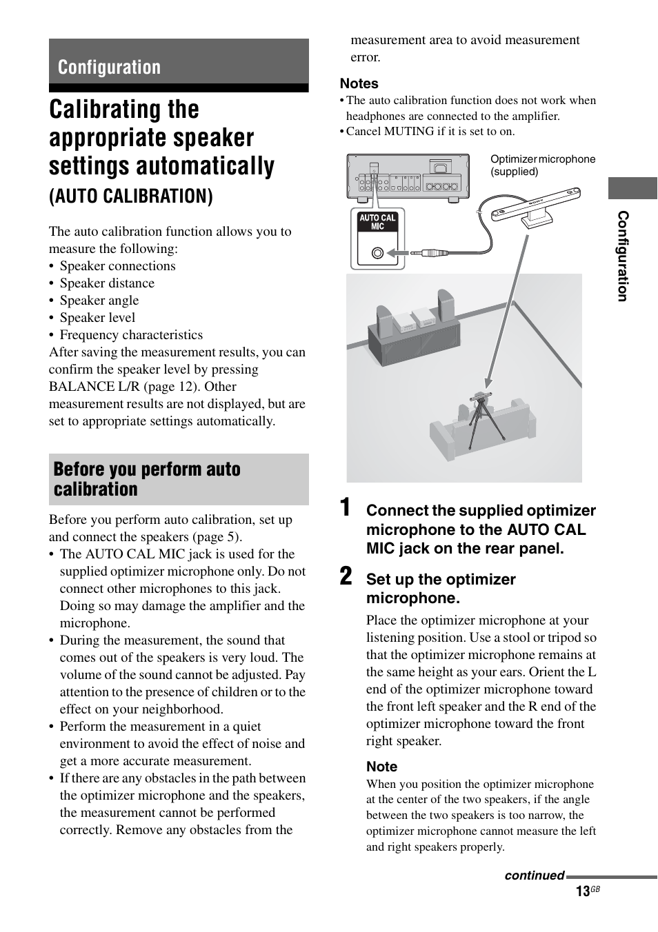 Configuration, Calibrating the appropriate speaker settings, Automatically (auto calibration) | E 13), Auto calibration), Configuration before you perform auto calibration | Sony TA-F501ES User Manual | Page 13 / 96