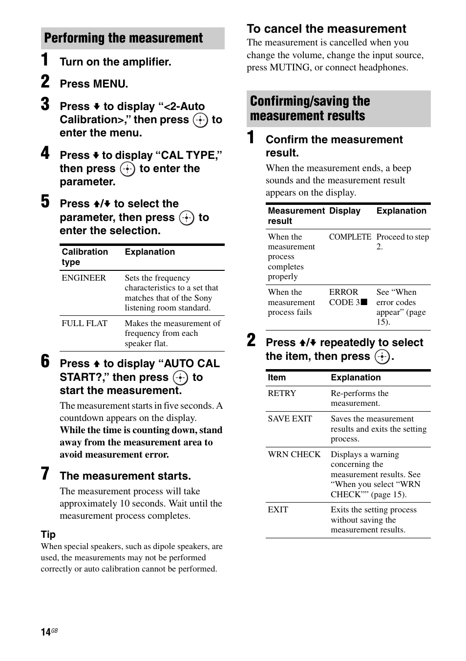 Performing the measurement, Confirming/saving the measurement results | Sony TA-F501ES User Manual | Page 14 / 96