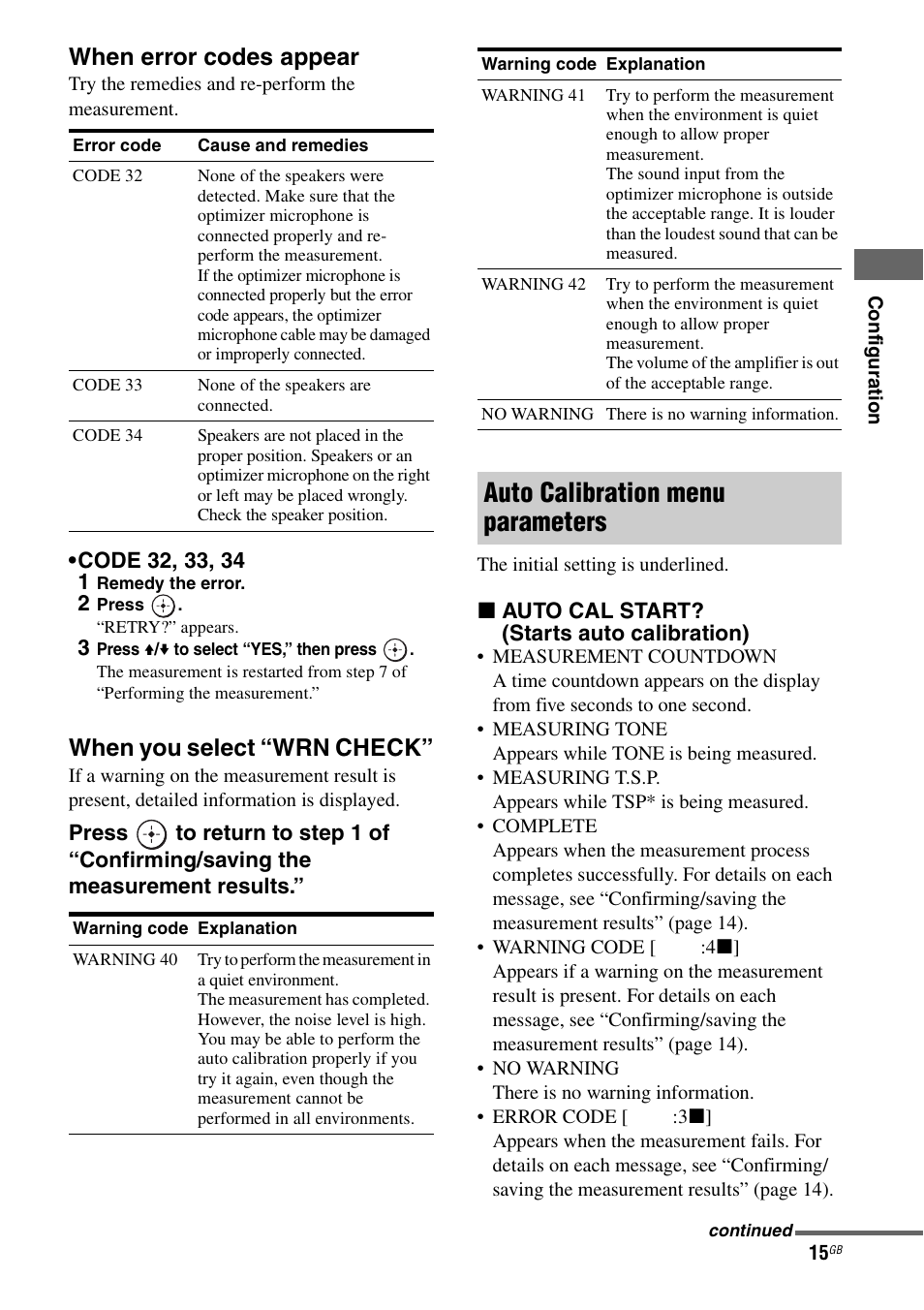 E “when error codes appear, When you select “wrn check, E 15) | Auto calibration menu parameters, When error codes appear | Sony TA-F501ES User Manual | Page 15 / 96