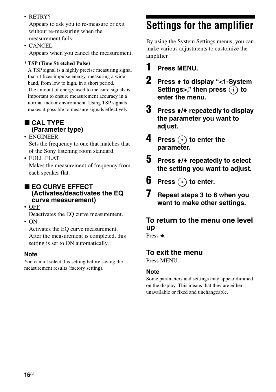 Settings for the amplifier | Sony TA-F501ES User Manual | Page 16 / 96