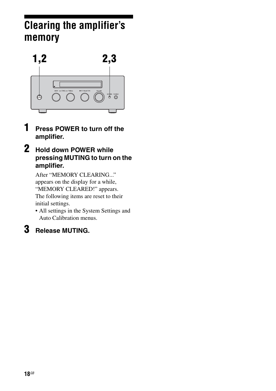 Clearing the amplifier’s memory | Sony TA-F501ES User Manual | Page 18 / 96