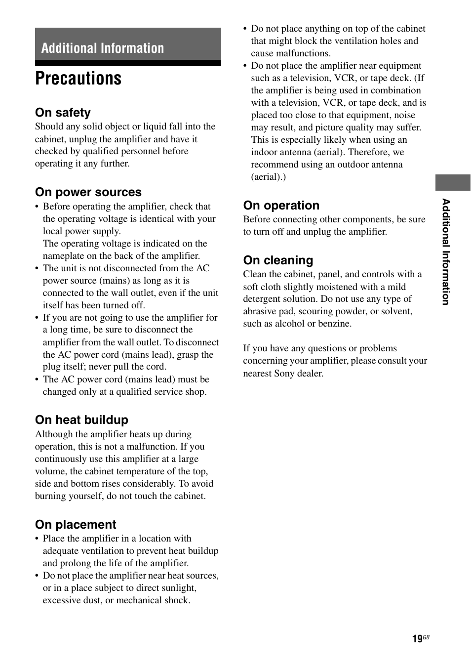 Additional information, Precautions | Sony TA-F501ES User Manual | Page 19 / 96