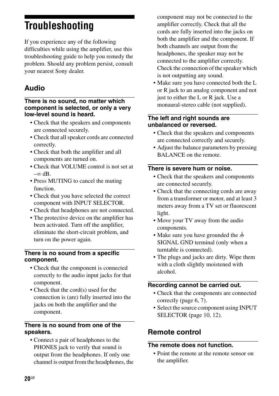 Troubleshooting, Audio, Remote control | Sony TA-F501ES User Manual | Page 20 / 96