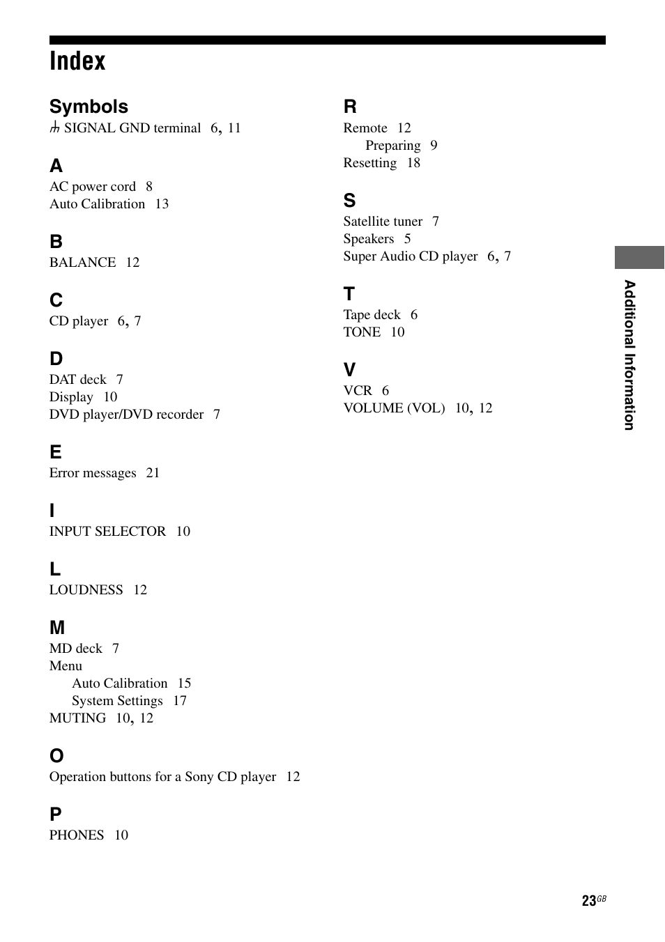Index, Symbols | Sony TA-F501ES User Manual | Page 23 / 96