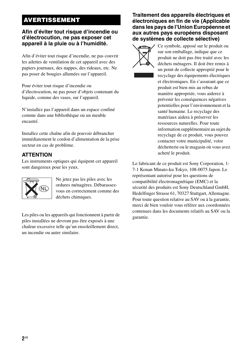 Avertissement | Sony TA-F501ES User Manual | Page 24 / 96