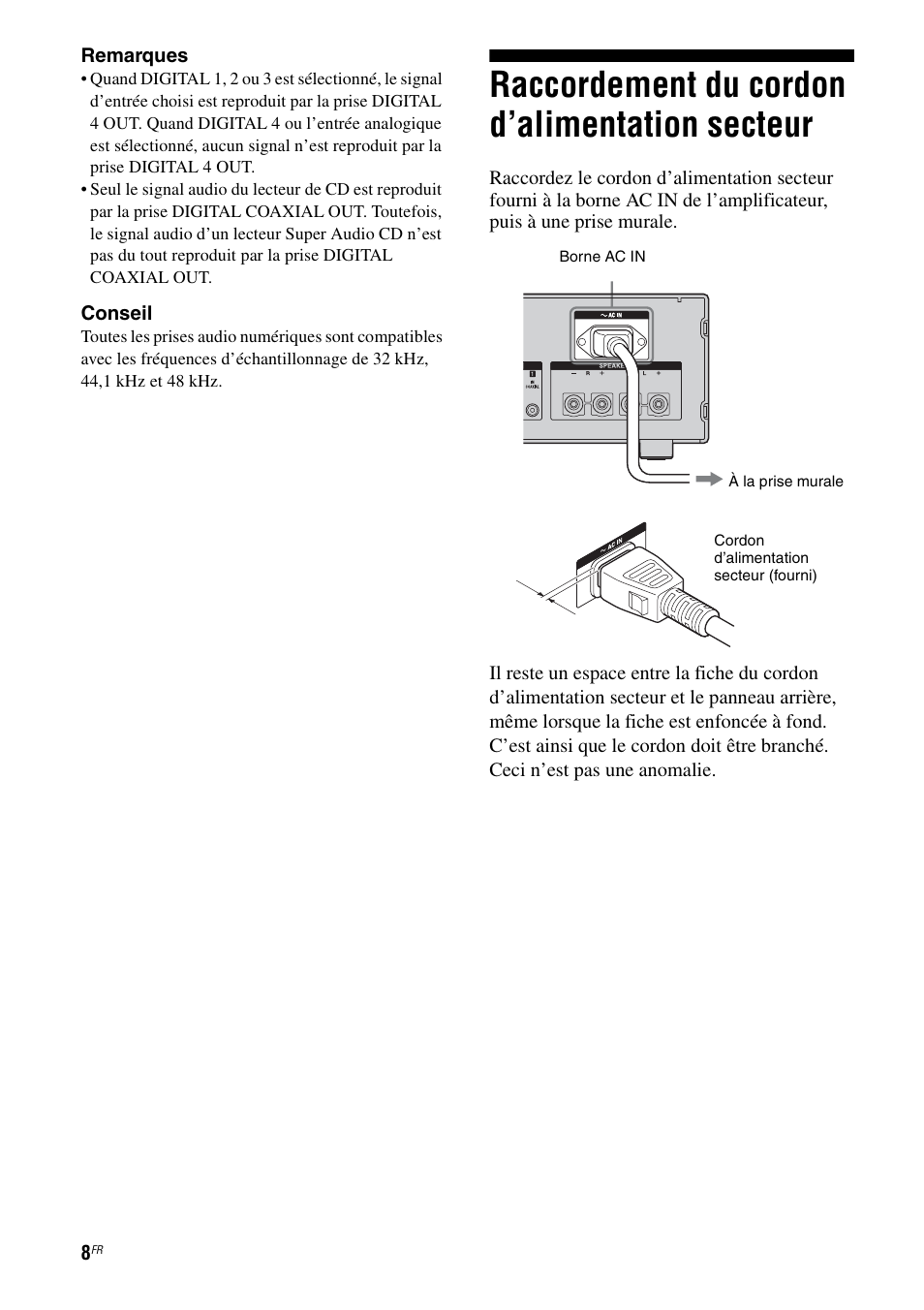 Raccordement du cordon d’alimentation secteur, Raccordement du cordon d’alimentation, Secteur | Sony TA-F501ES User Manual | Page 30 / 96