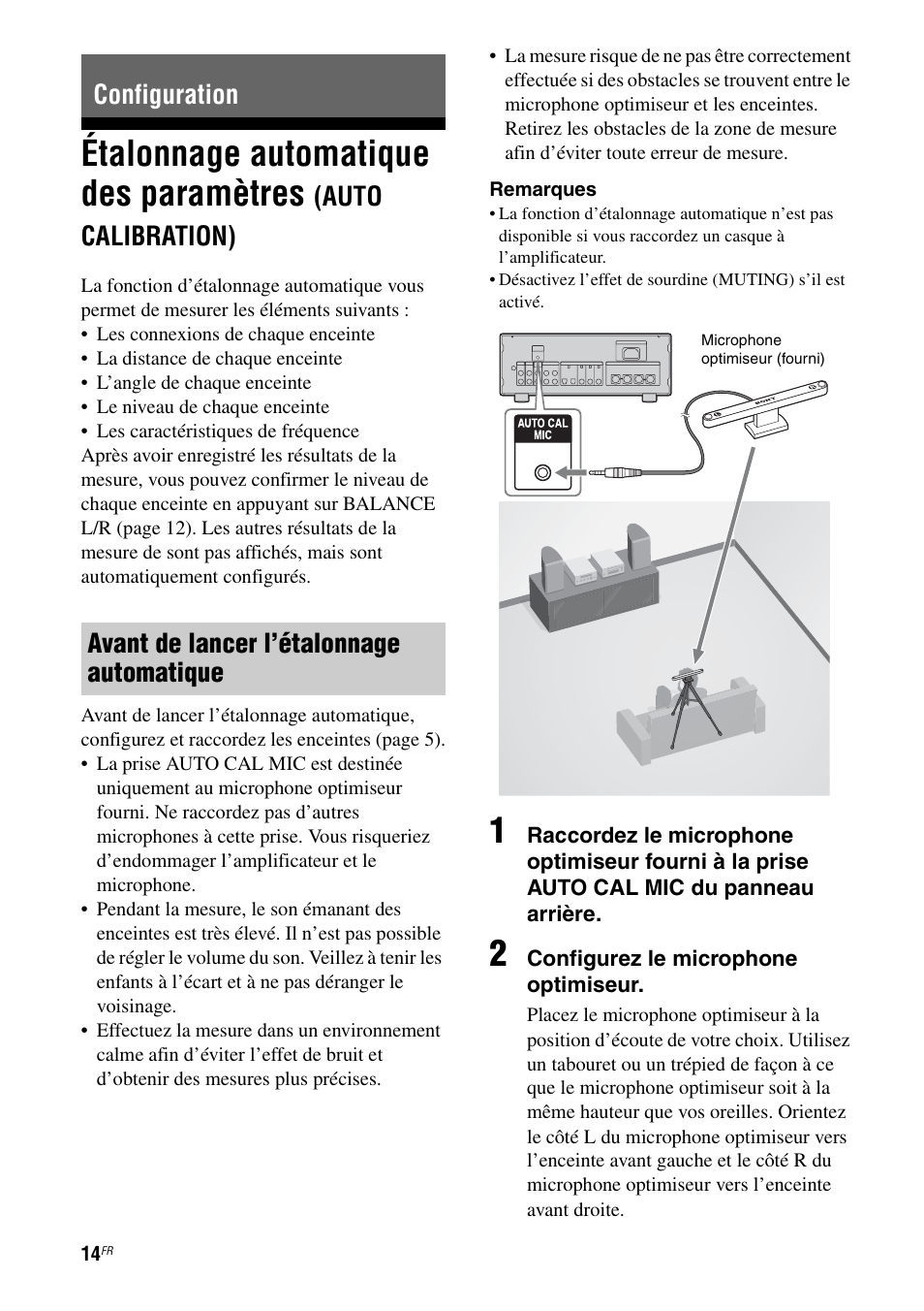 Configuration, Étalonnage automatique des paramètres, Auto calibration) | Sony TA-F501ES User Manual | Page 36 / 96