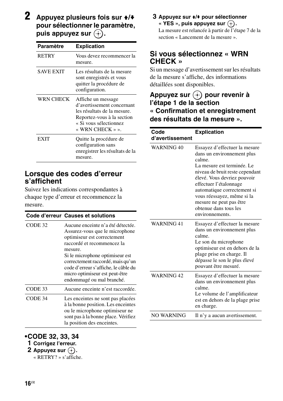 Lorsque des codes d’erreur s’affichent, Si vous sélectionnez « wrn check | Sony TA-F501ES User Manual | Page 38 / 96