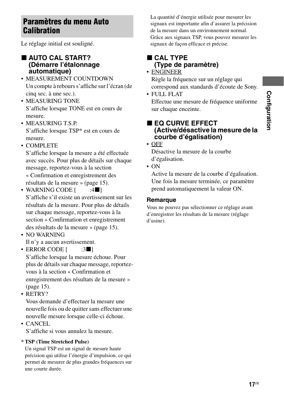 Paramètres du menu auto calibration | Sony TA-F501ES User Manual | Page 39 / 96