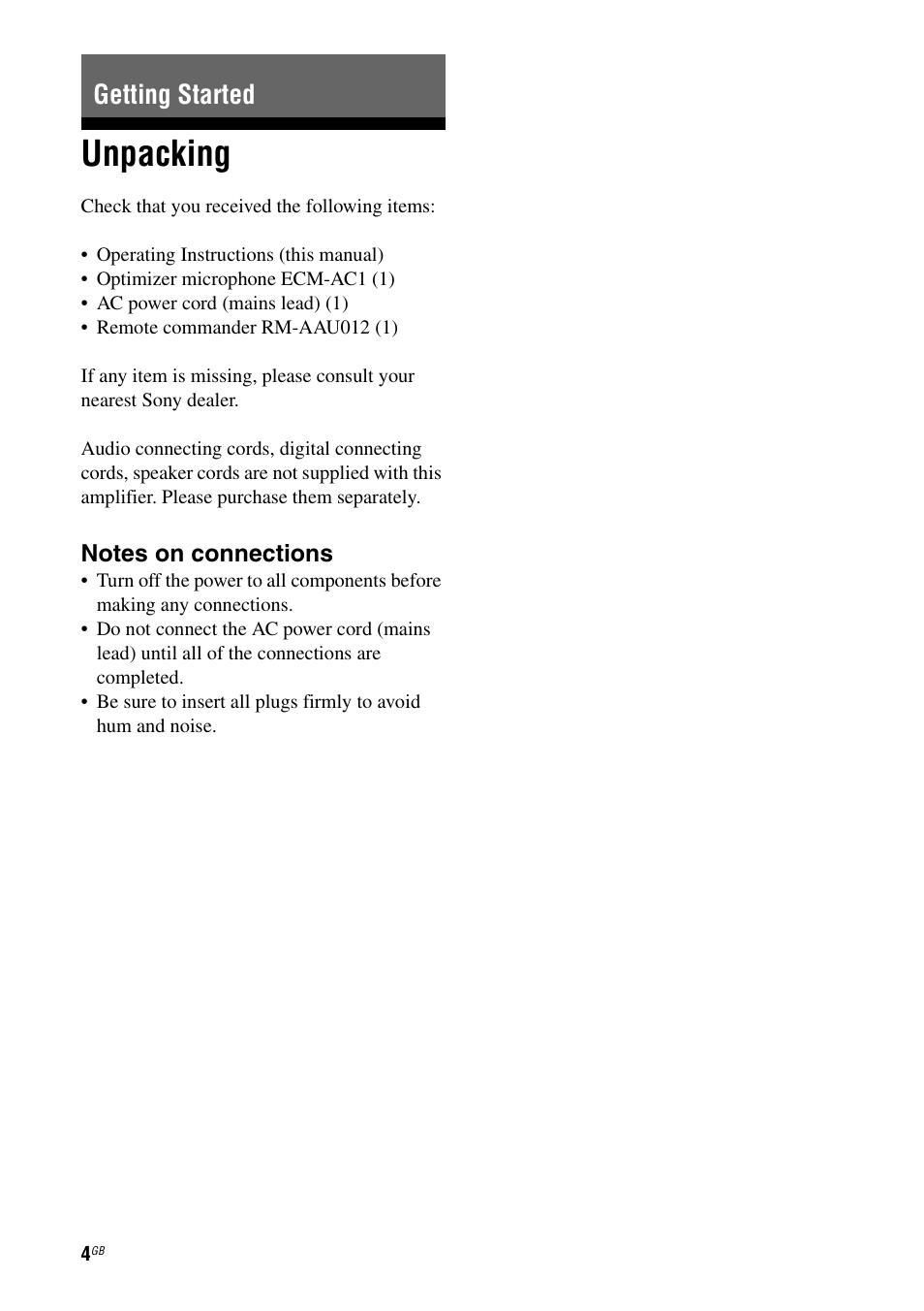 Getting started, Unpacking | Sony TA-F501ES User Manual | Page 4 / 96