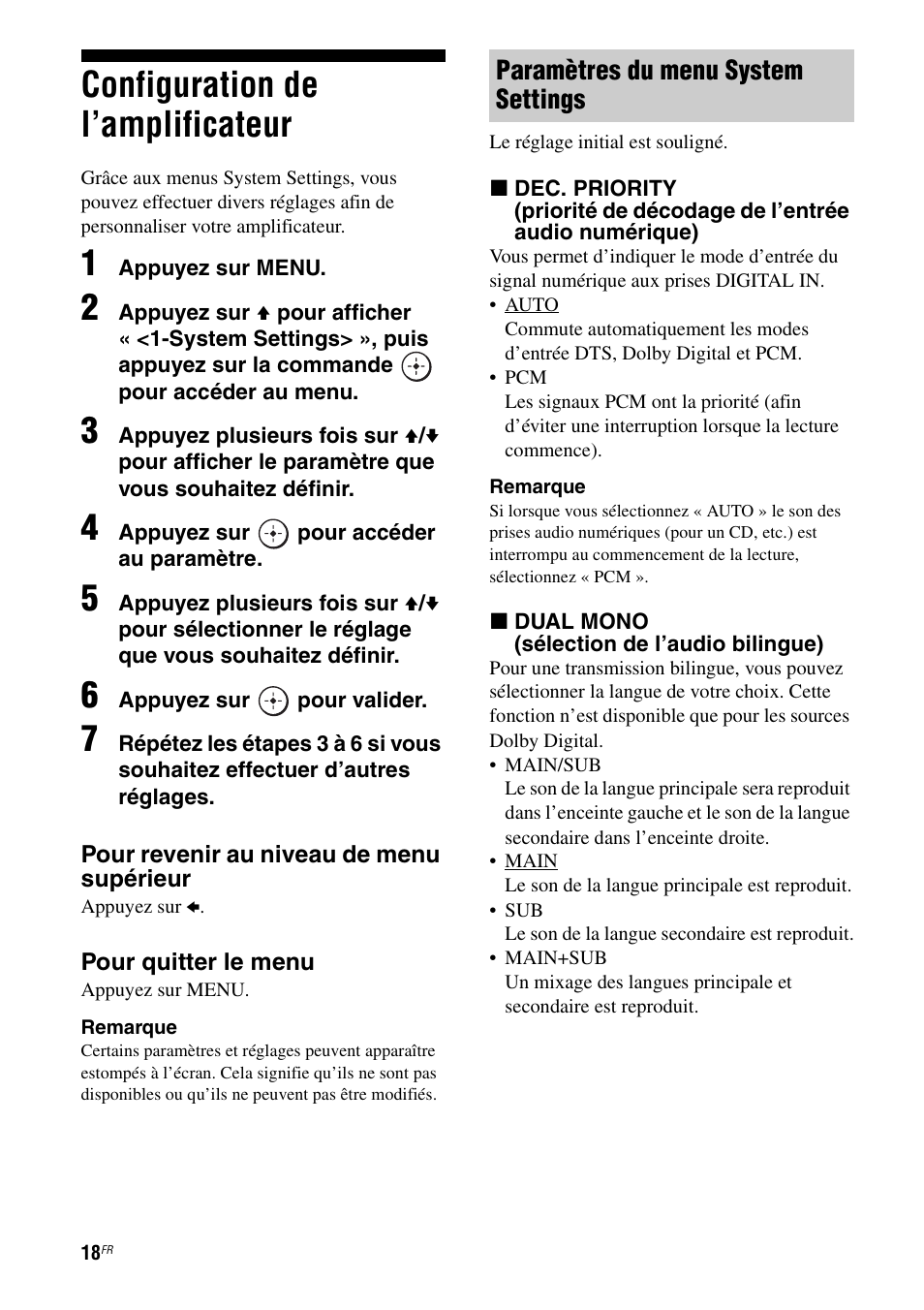 Configuration de l’amplificateur, Paramètres du menu system settings | Sony TA-F501ES User Manual | Page 40 / 96