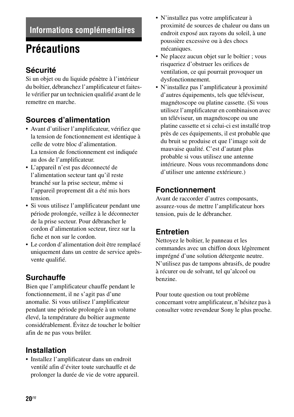 Informations complémentaires, Précautions | Sony TA-F501ES User Manual | Page 42 / 96