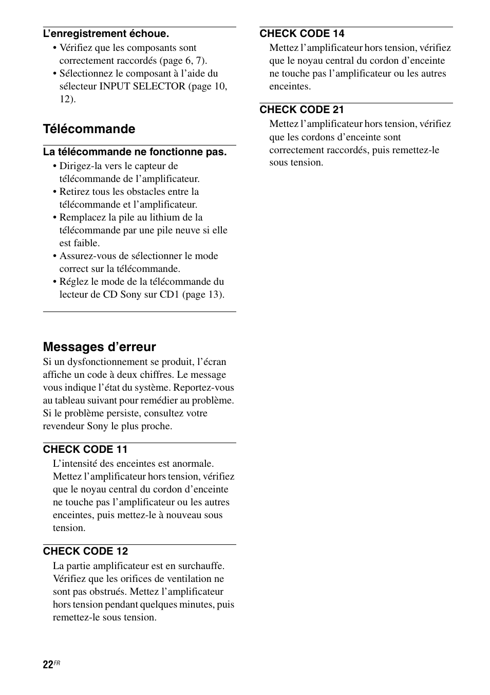 Télécommande, Messages d’erreur | Sony TA-F501ES User Manual | Page 44 / 96