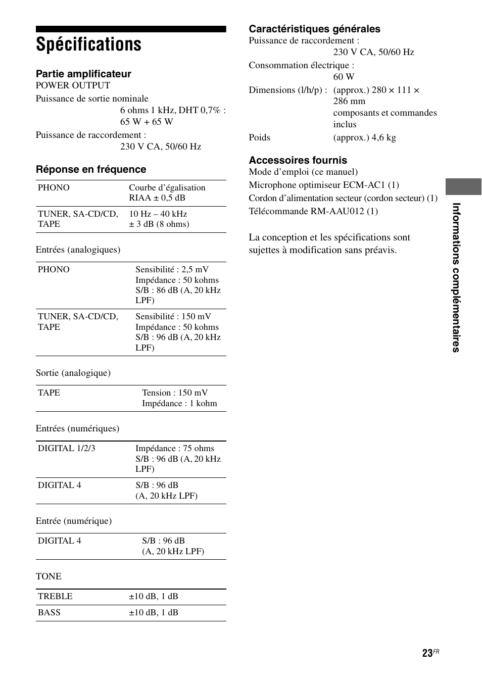 Spécifications | Sony TA-F501ES User Manual | Page 45 / 96