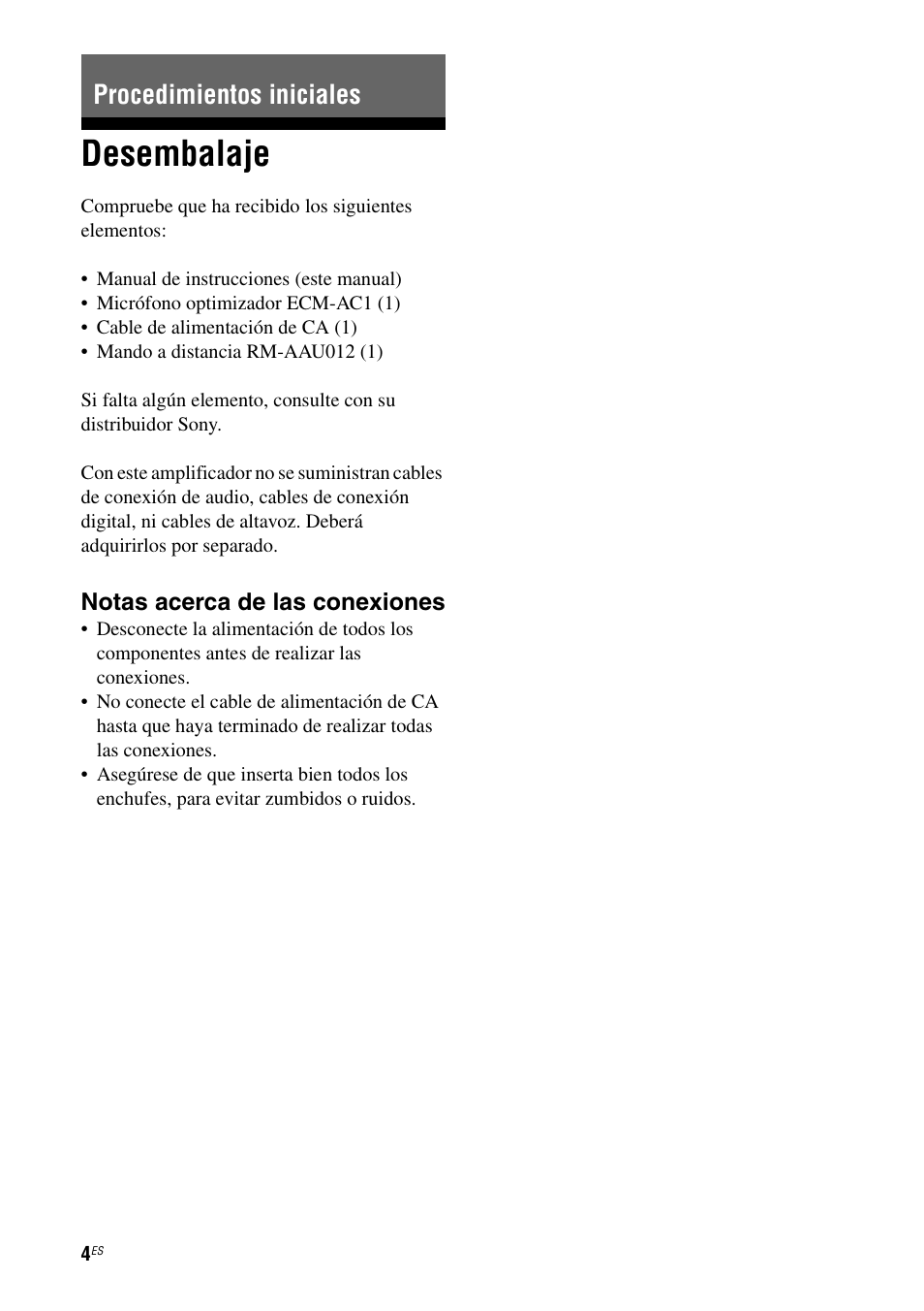 Procedimientos iniciales, Desembalaje | Sony TA-F501ES User Manual | Page 50 / 96
