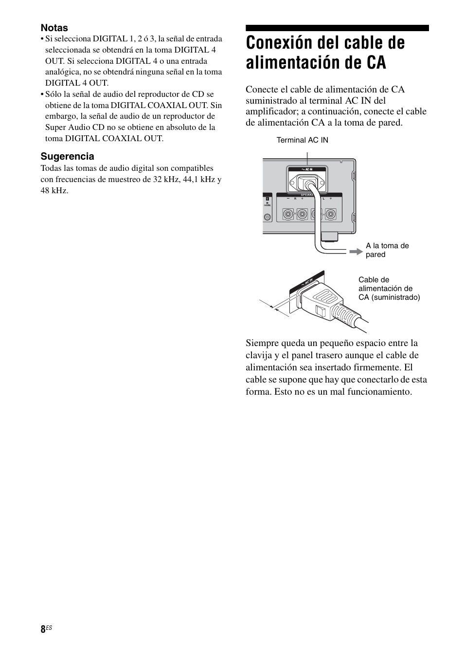 Conexión del cable de alimentación de ca, Conexión del cable de alimentación, De ca | Sony TA-F501ES User Manual | Page 54 / 96