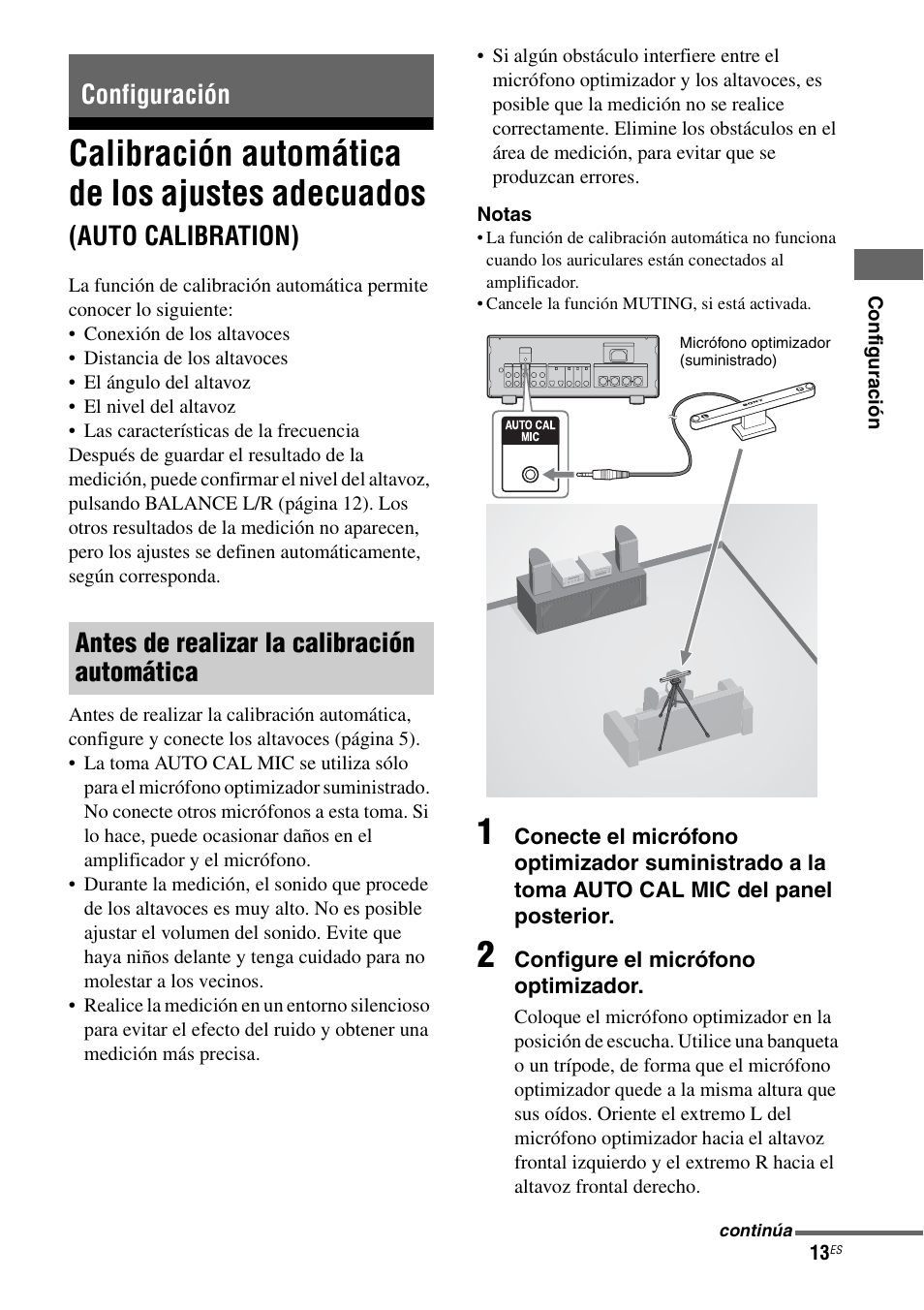 Configuración, Calibración automática de los ajustes, Adecuados (auto calibration) | Calibración automática de los ajustes adecuados, Auto calibration) | Sony TA-F501ES User Manual | Page 59 / 96