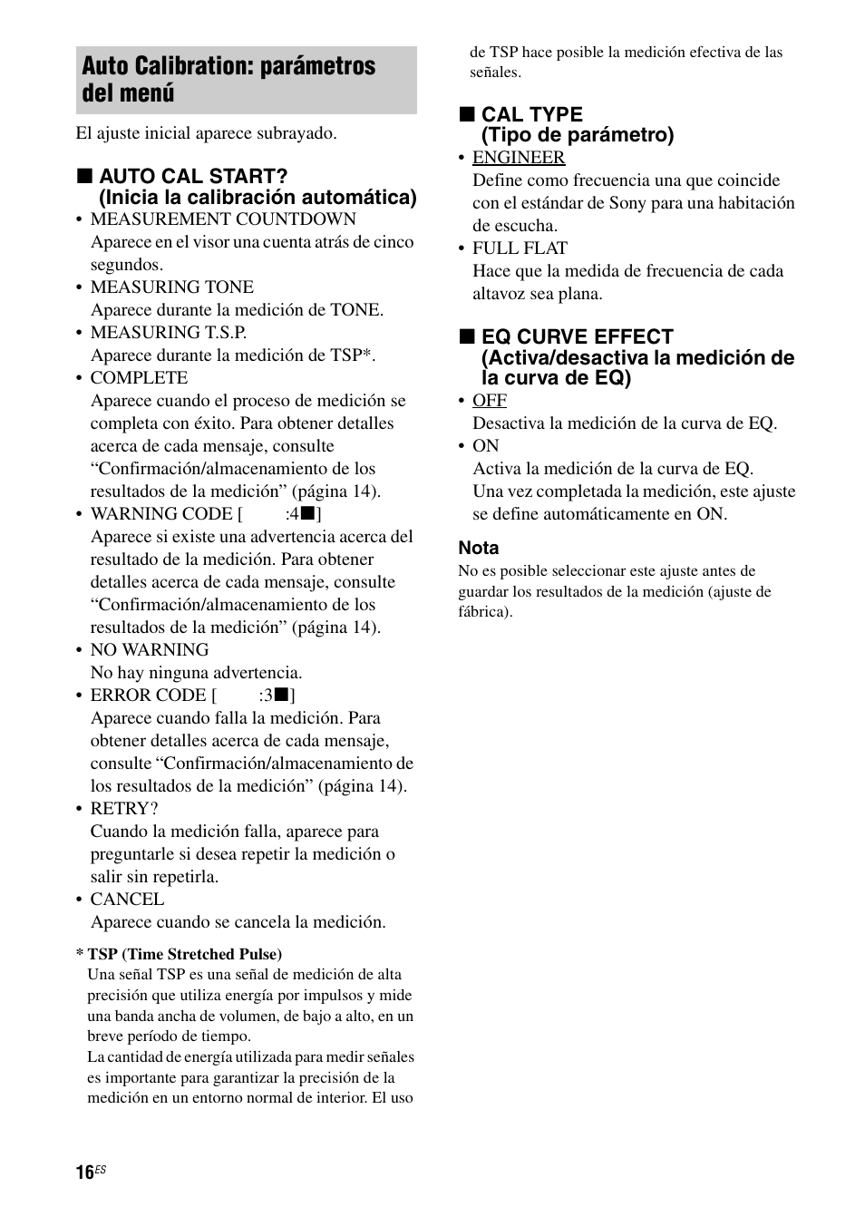 Auto calibration: parámetros del menú | Sony TA-F501ES User Manual | Page 62 / 96