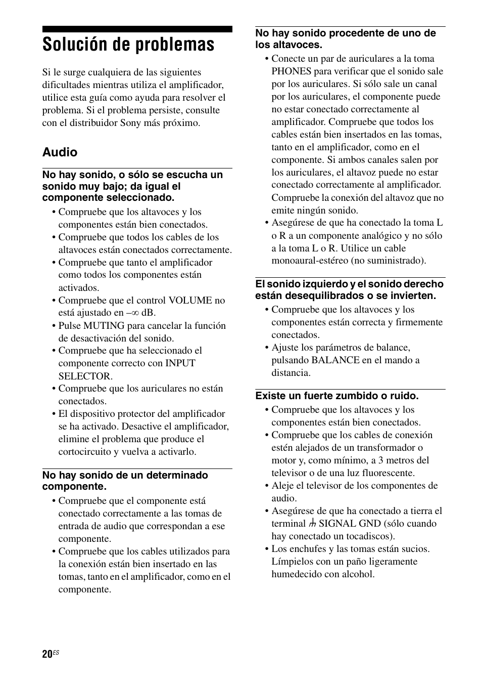 Solución de problemas, Audio | Sony TA-F501ES User Manual | Page 66 / 96