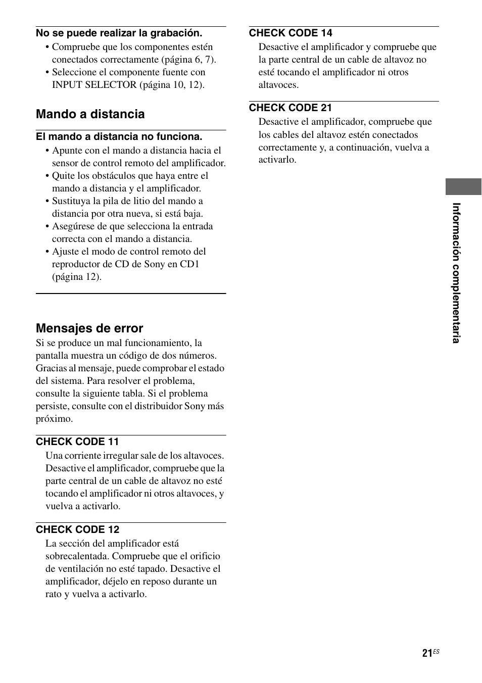 Mando a distancia, Mensajes de error | Sony TA-F501ES User Manual | Page 67 / 96