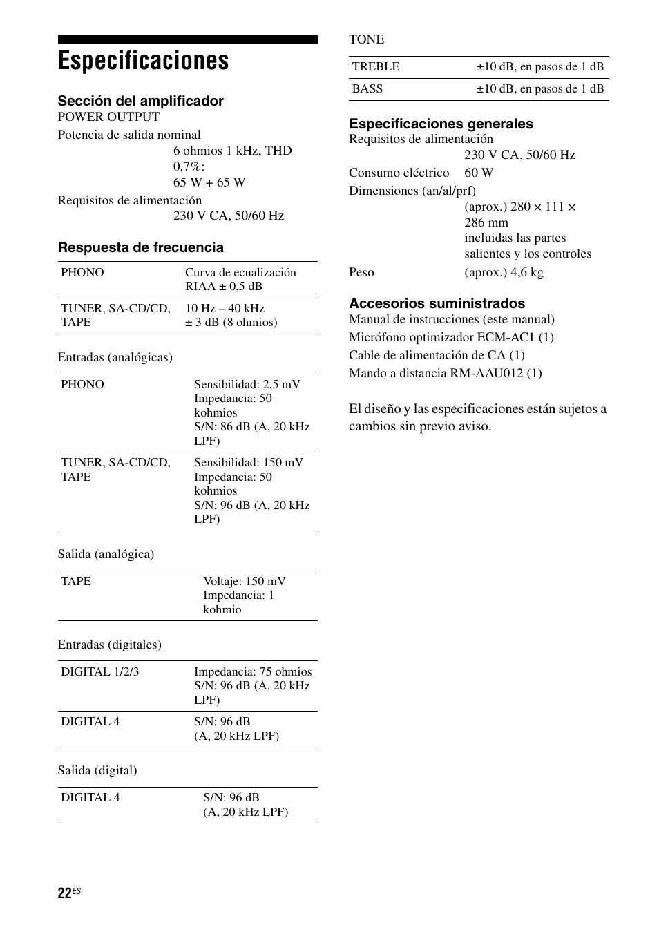 Especificaciones | Sony TA-F501ES User Manual | Page 68 / 96